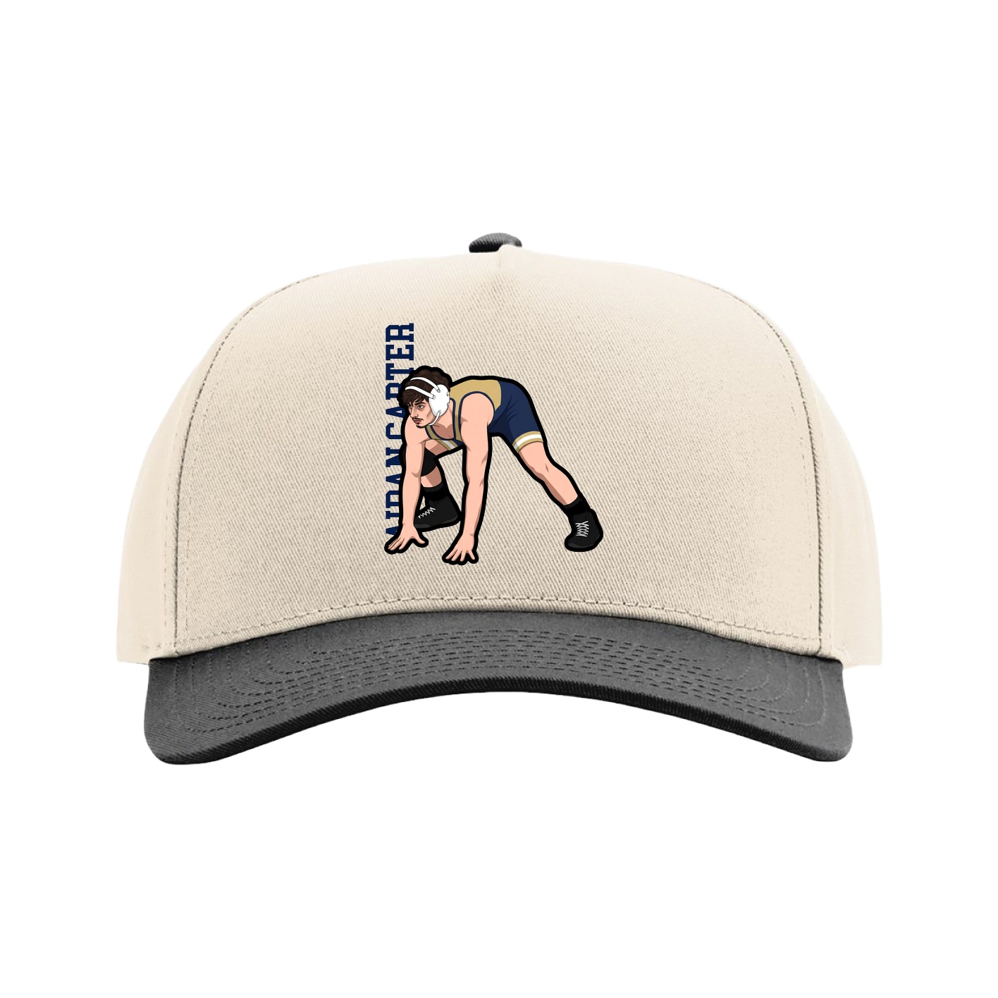 Full Fabric Five-Panel Champ Cap — Name Vertical in Cream/Black