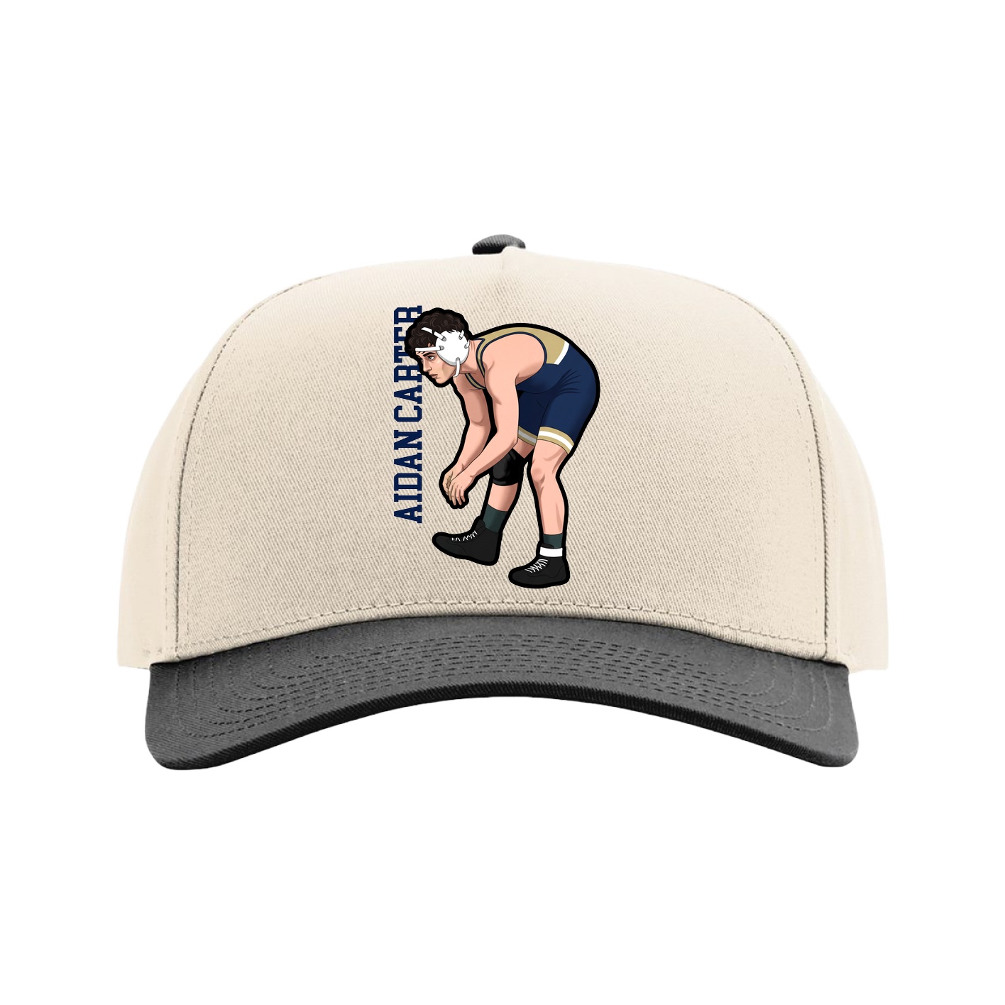 Full Fabric Five-Panel Champ Cap — Name Vertical in Cream/Black