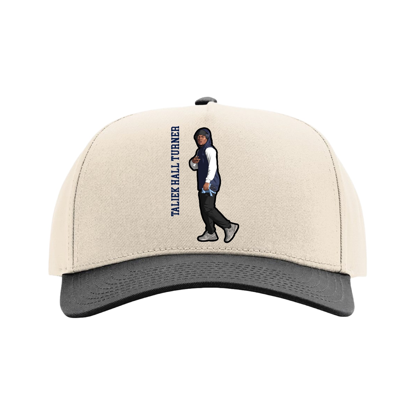 Full Fabric Five-Panel Champ Cap — Name Vertical in Cream/Black