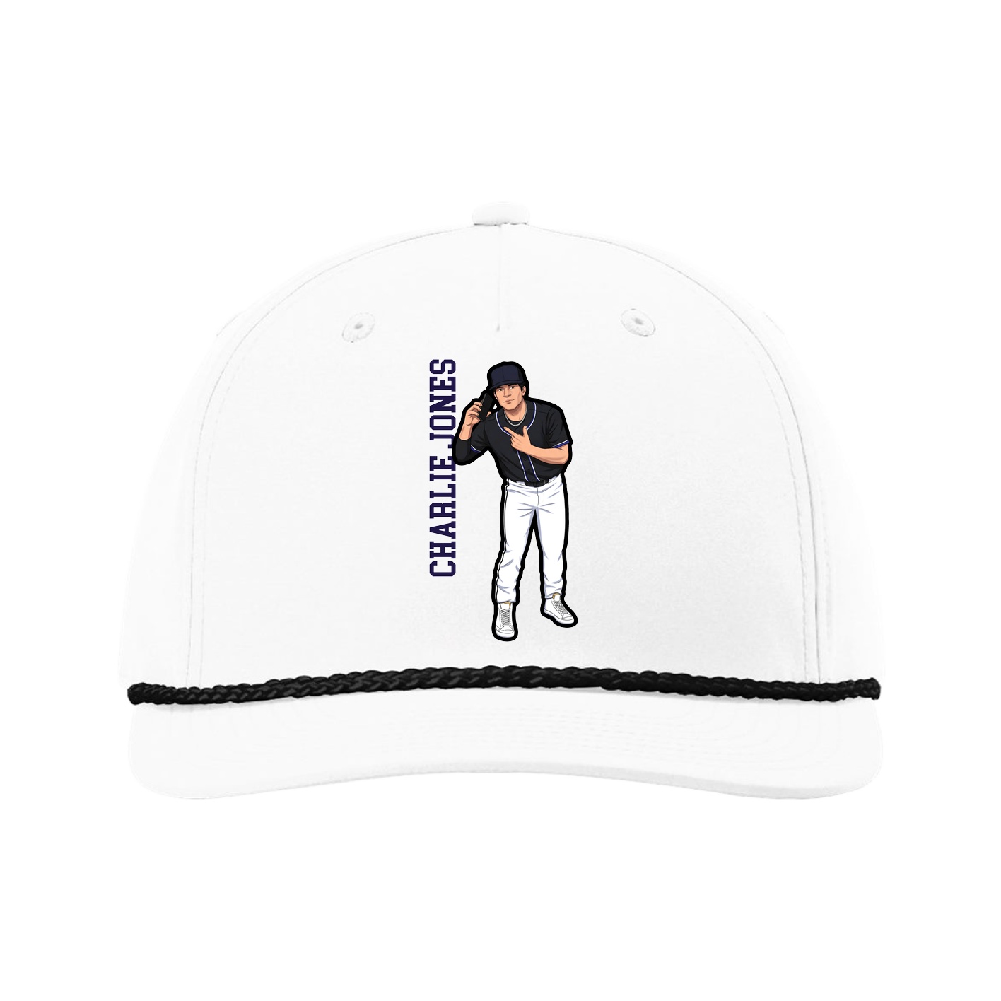 Five-Panel Classic Rope Cap — Name Vertical in White