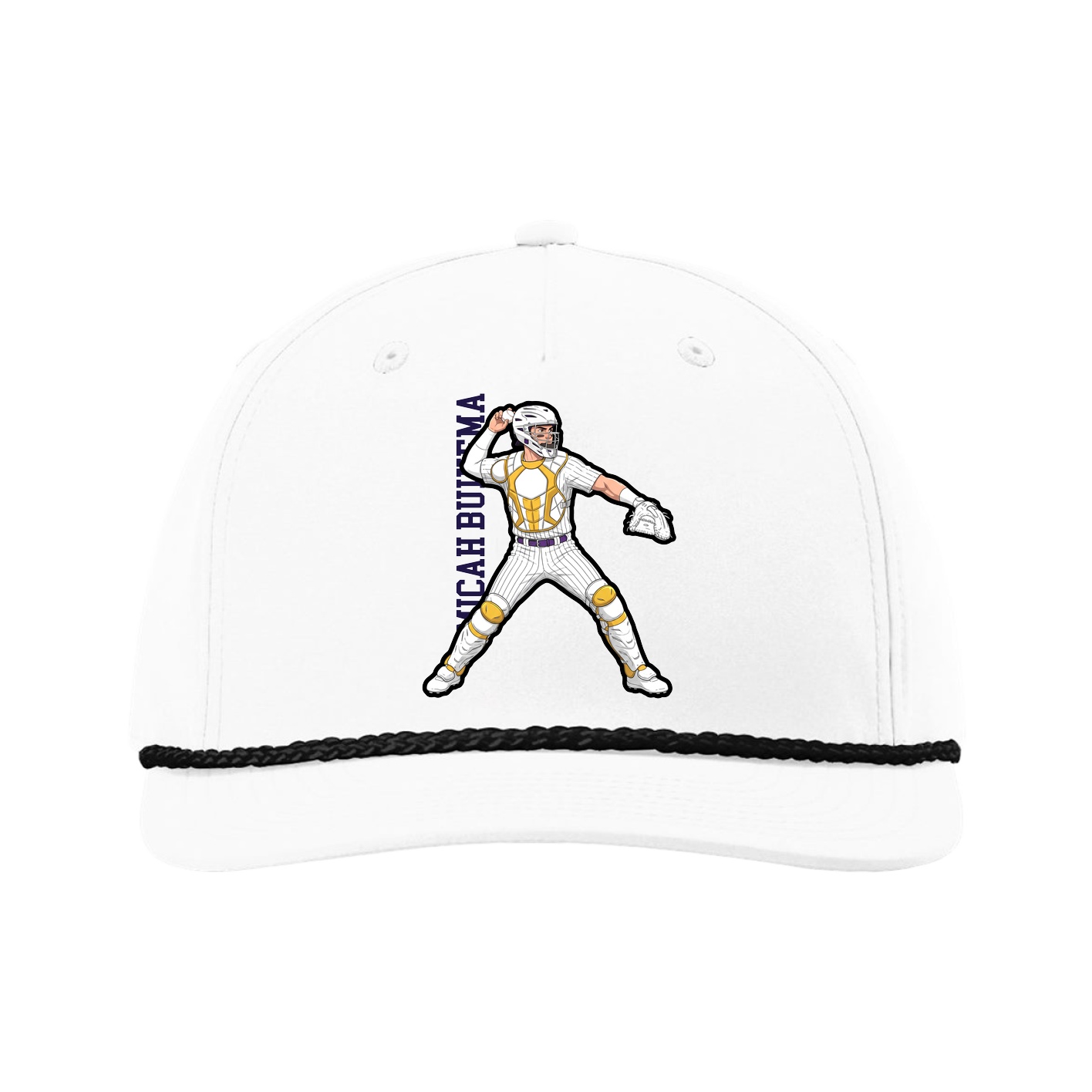 Five-Panel Classic Rope Cap — Name Vertical in White