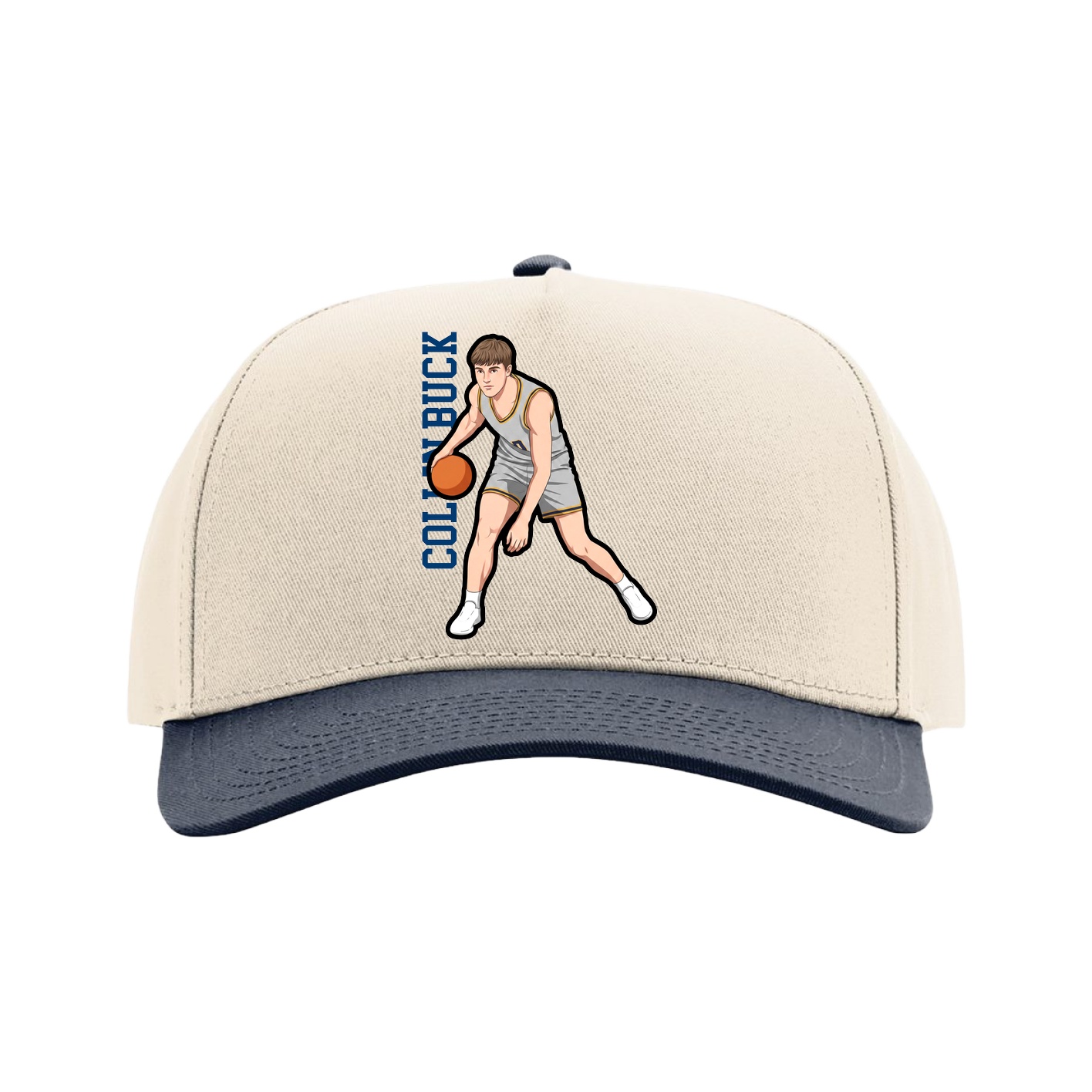 Full Fabric Five-Panel Champ Cap — Name Vertical in Cream/Navy