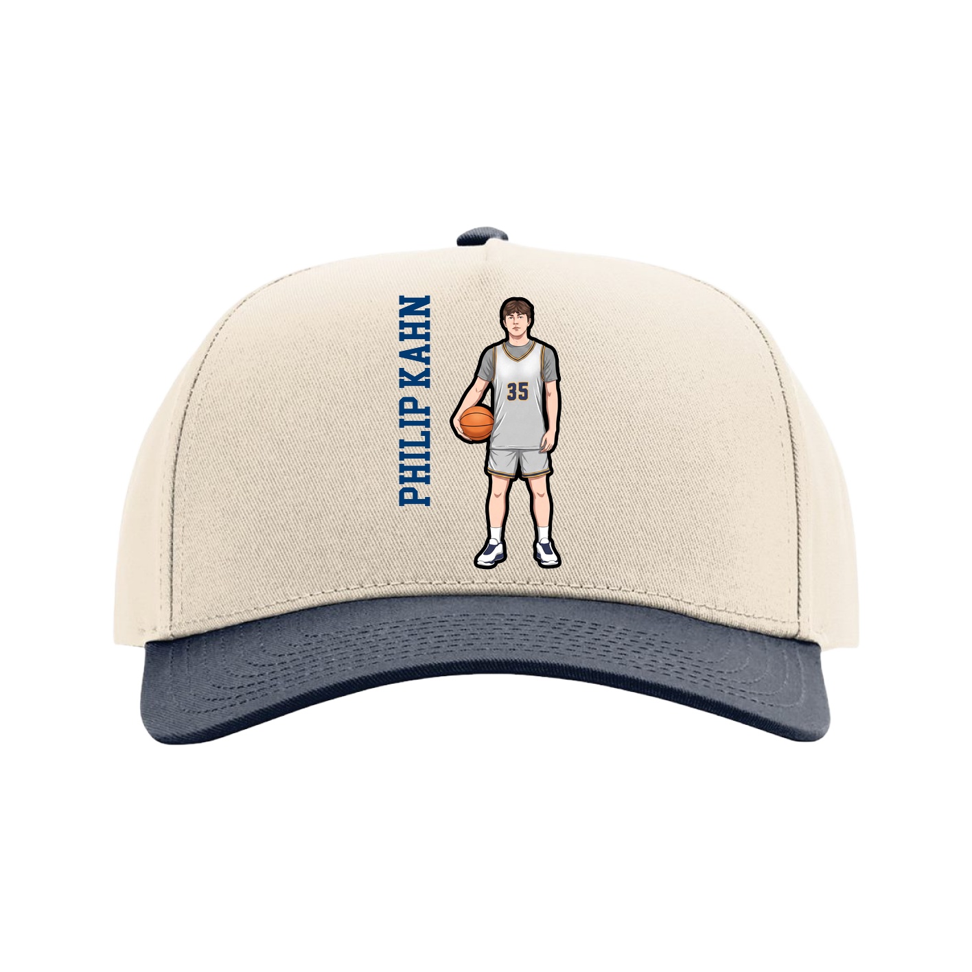 Full Fabric Five-Panel Champ Cap — Name Vertical in Cream/Navy