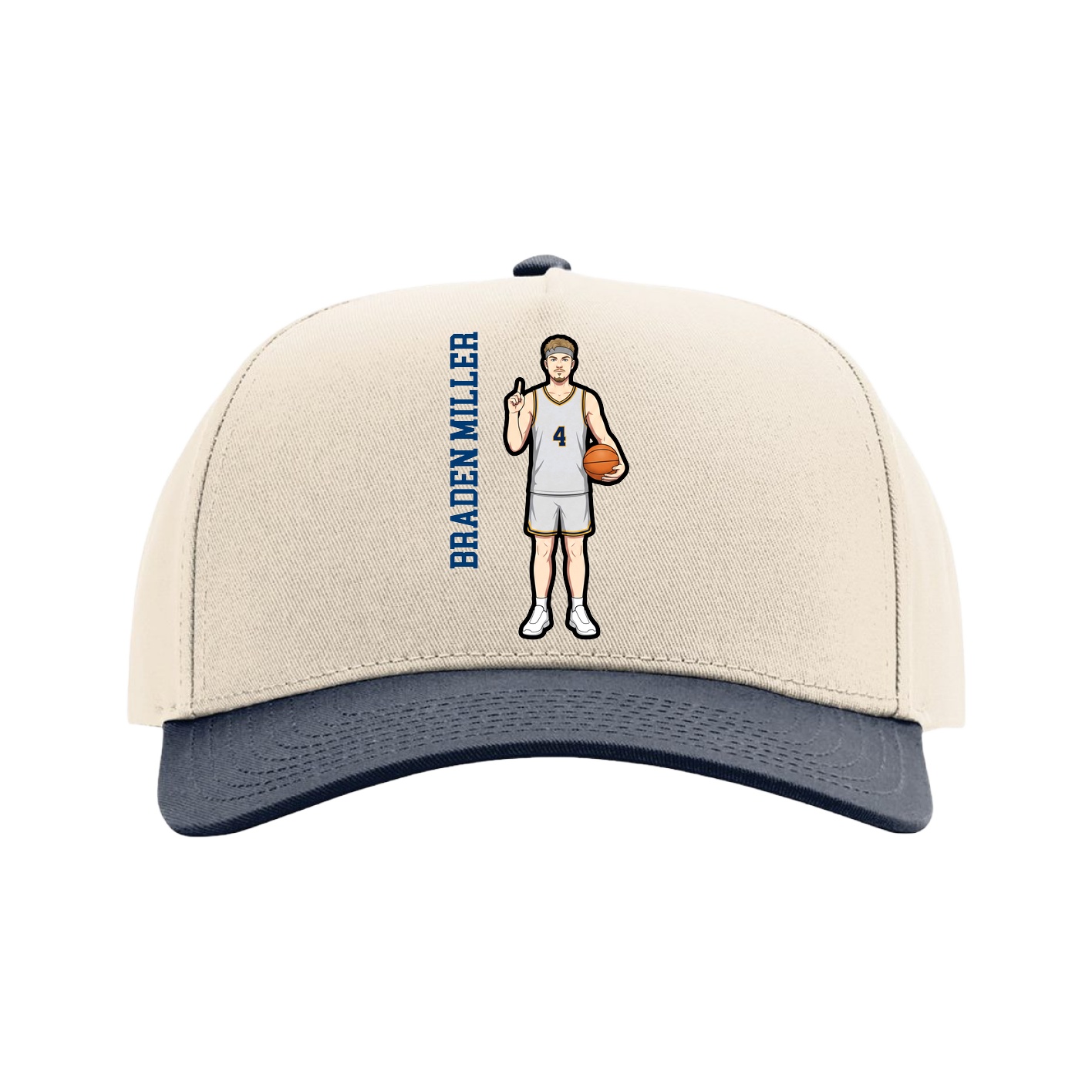Full Fabric Five-Panel Champ Cap — Name Vertical in Cream/Navy