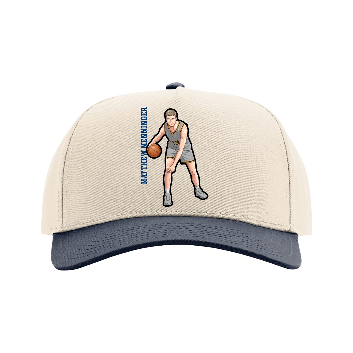 Full Fabric Five-Panel Champ Cap — Name Vertical in Cream/Navy