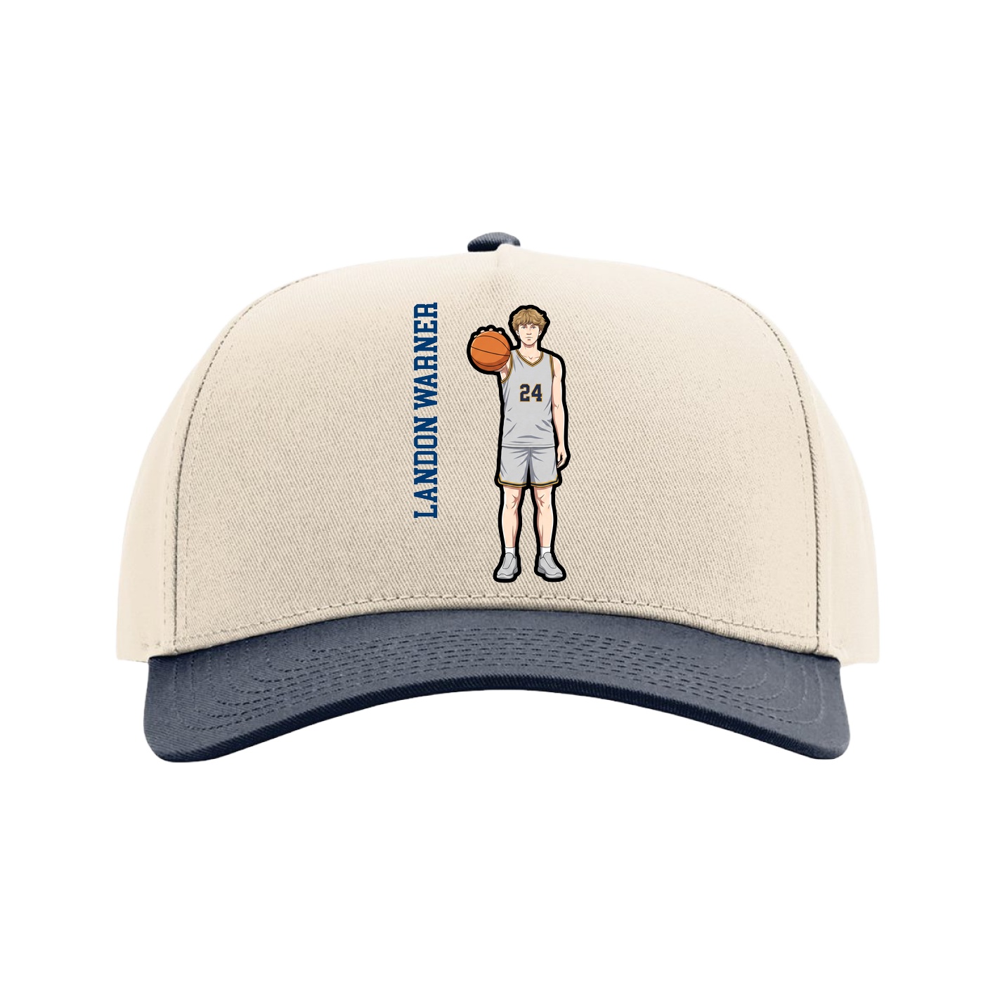 Full Fabric Five-Panel Champ Cap — Name Vertical in Cream/Navy