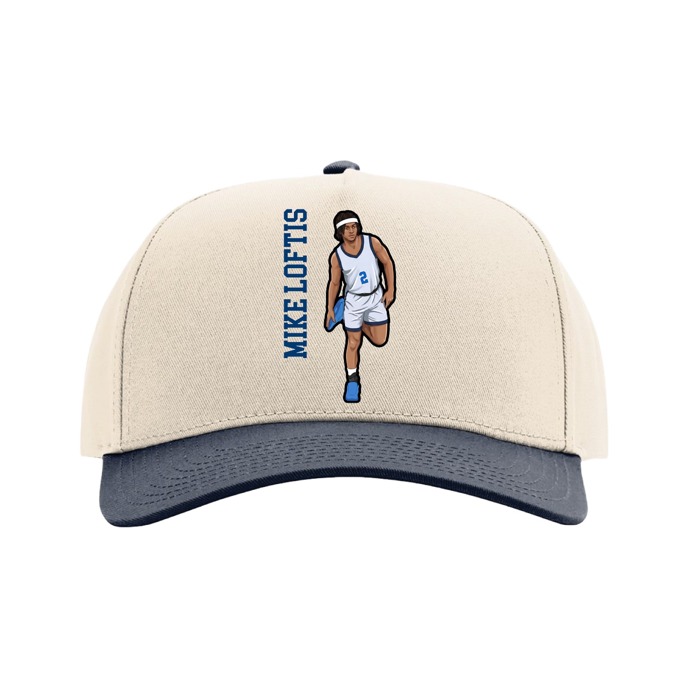Full Fabric Five-Panel Champ Cap — Name Vertical in Cream/Navy