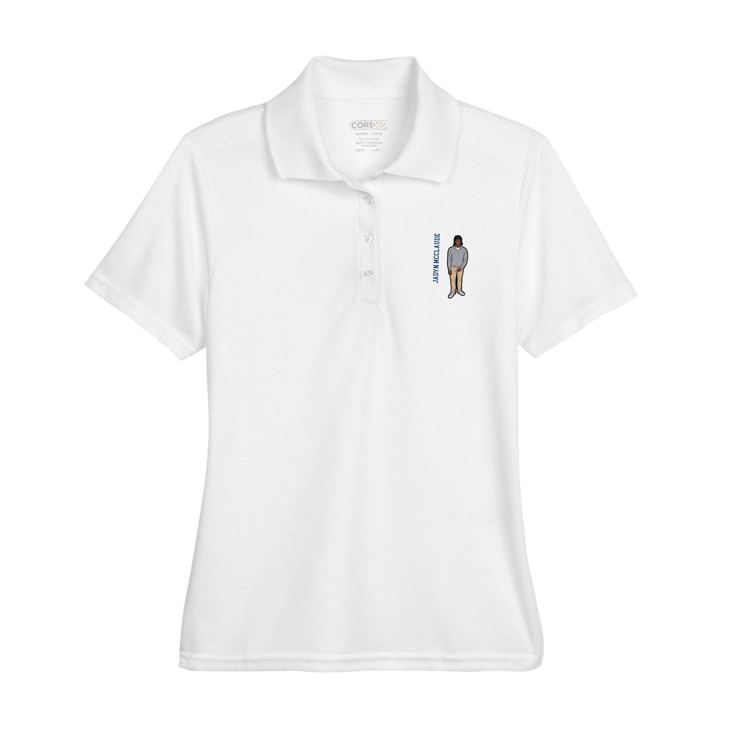 Womens Performance Polo — Name Vertical in White
