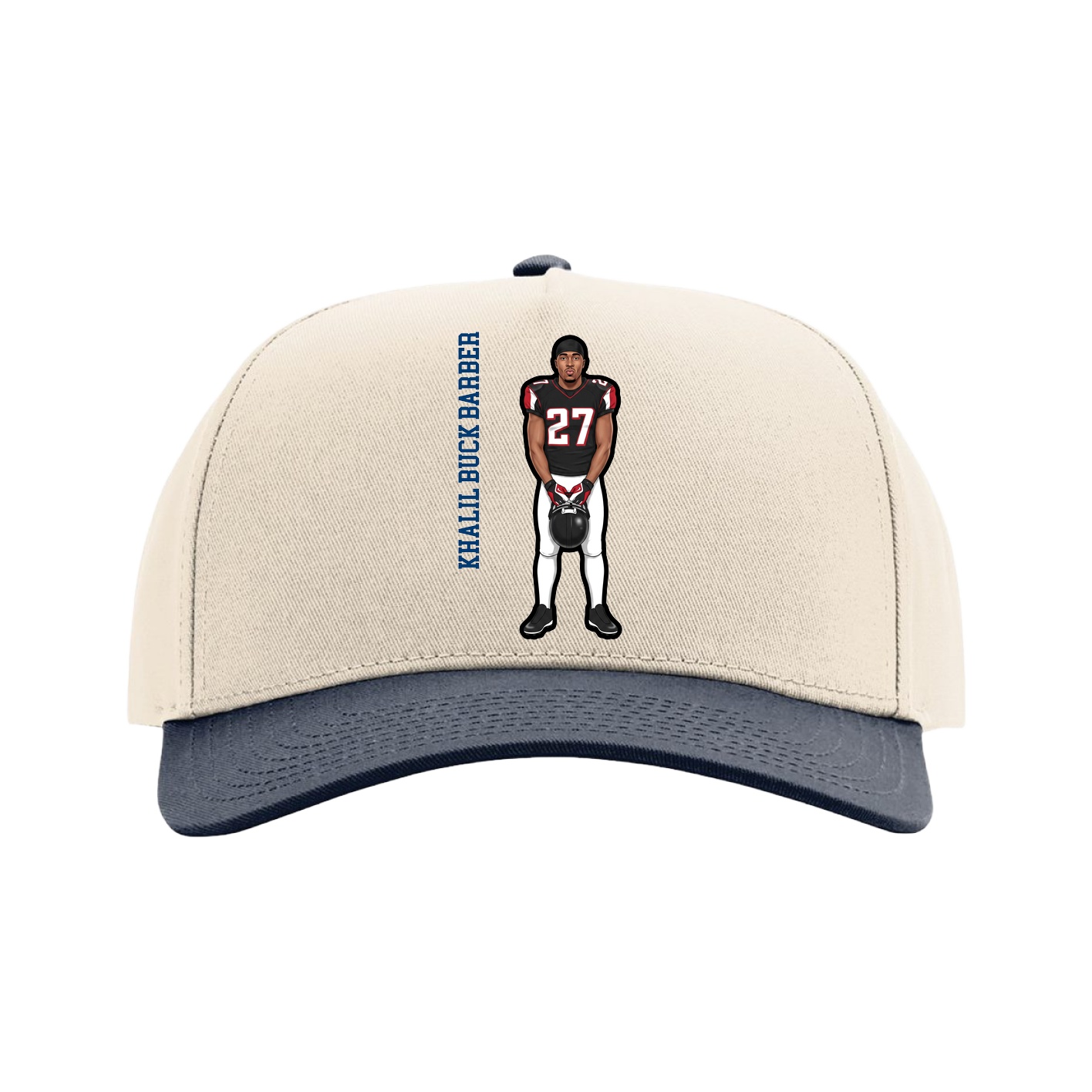 Full Fabric Five-Panel Champ Cap — Name Vertical in Cream/Navy