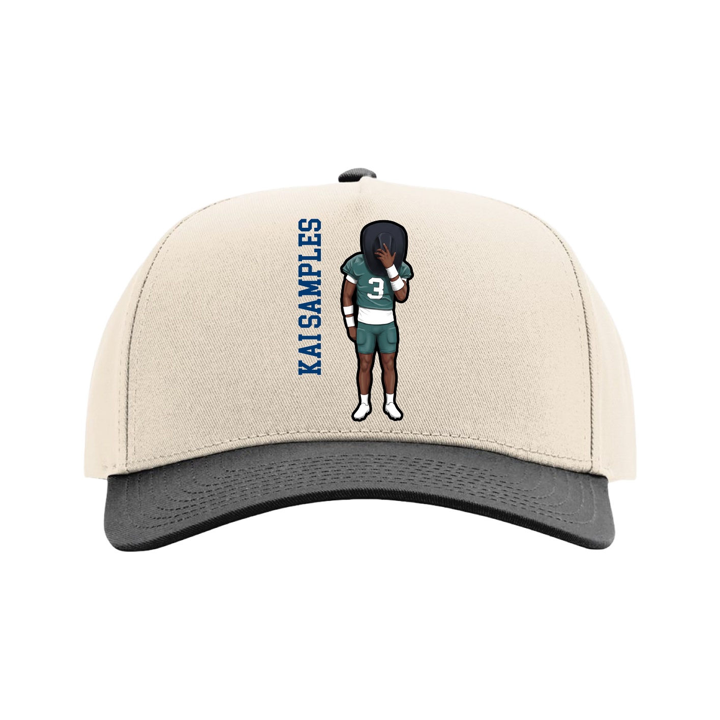 Full Fabric Five-Panel Champ Cap — Name Vertical in Cream/Black