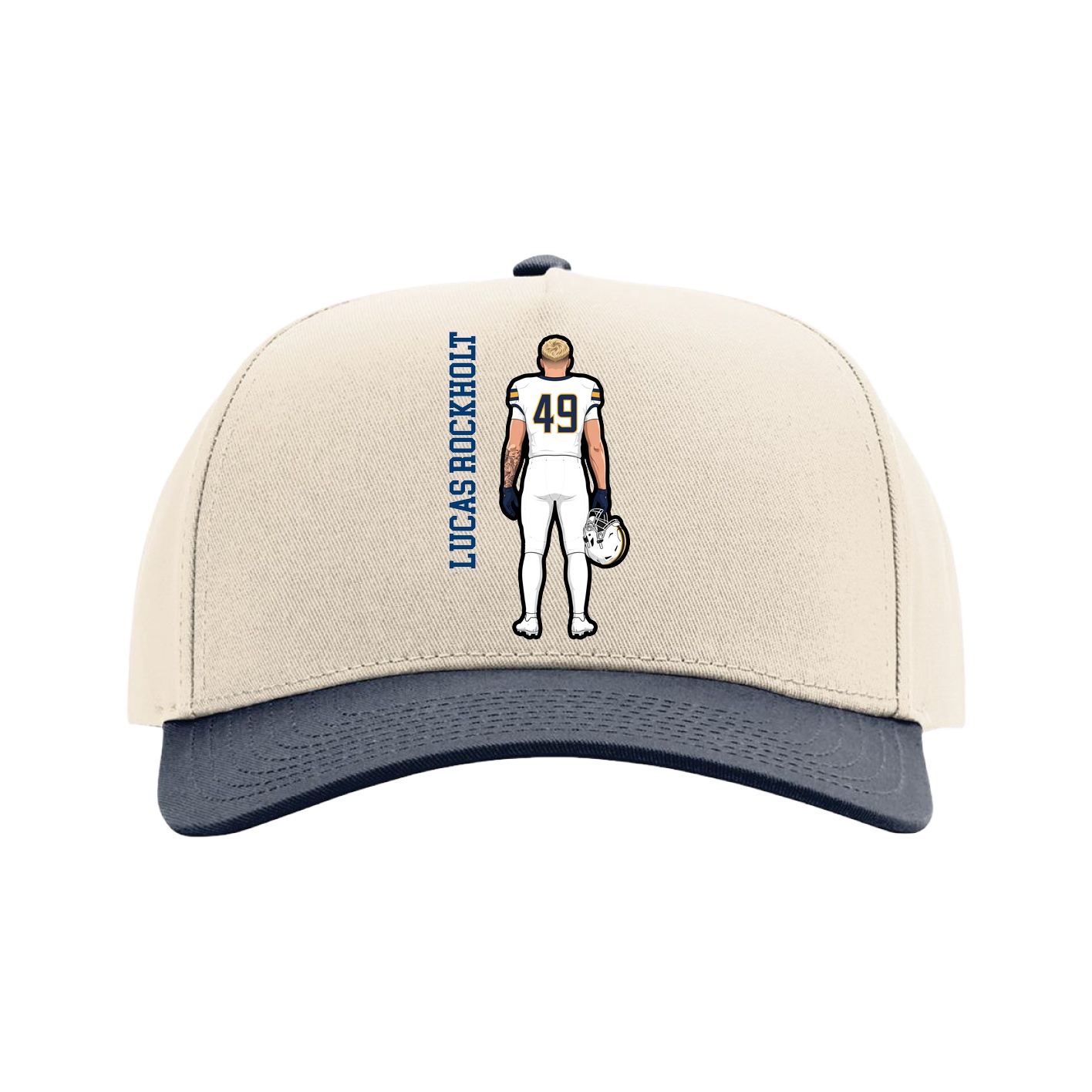 Full Fabric Five-Panel Champ Cap — Name Vertical in Cream/Navy