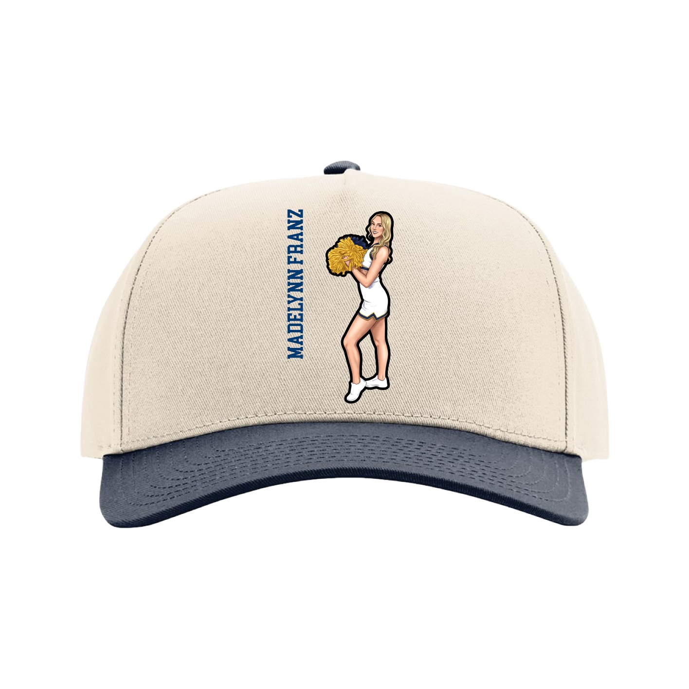 Full Fabric Five-Panel Champ Cap — Name Vertical in Cream/Navy