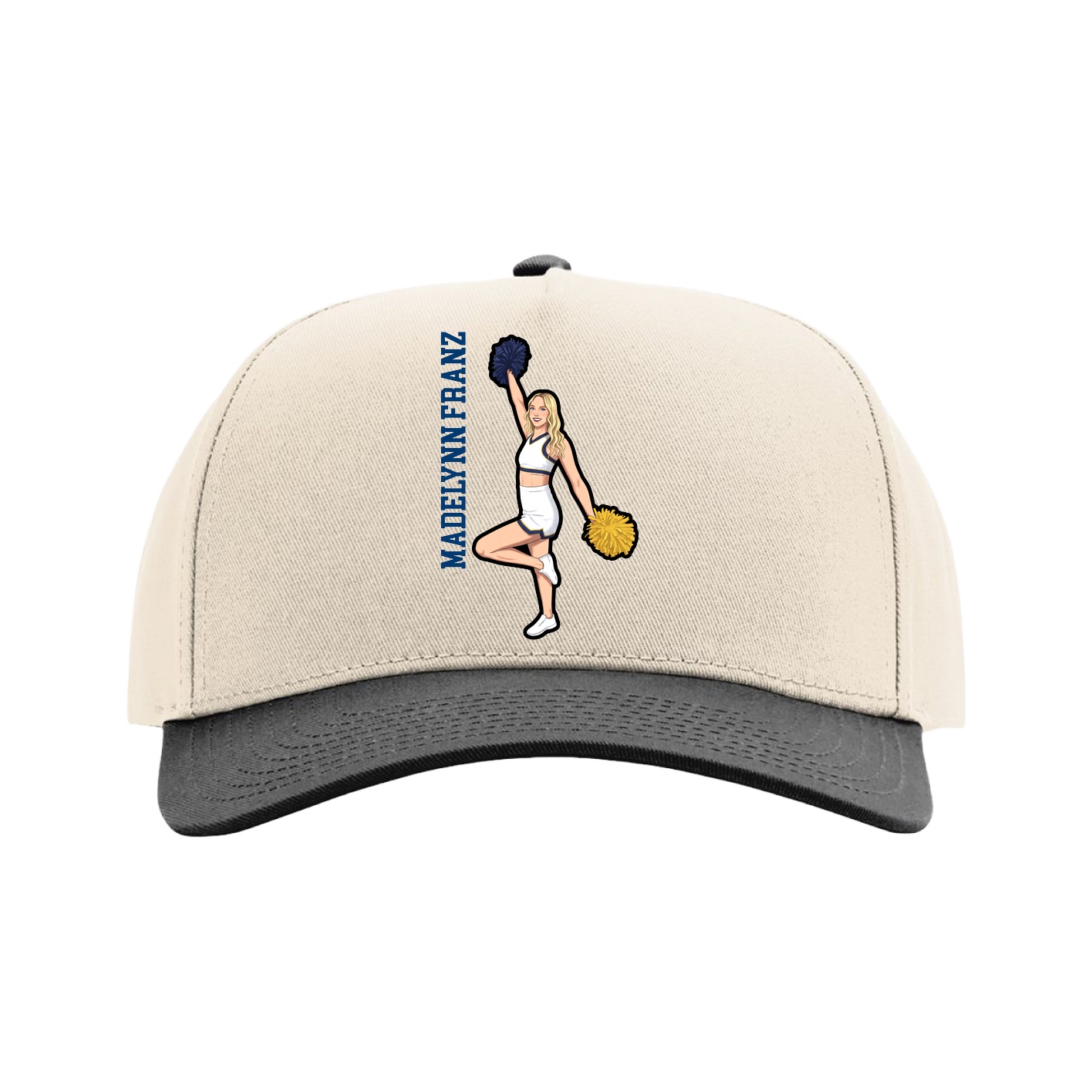 Full Fabric Five-Panel Champ Cap — Name Vertical in Cream/Black