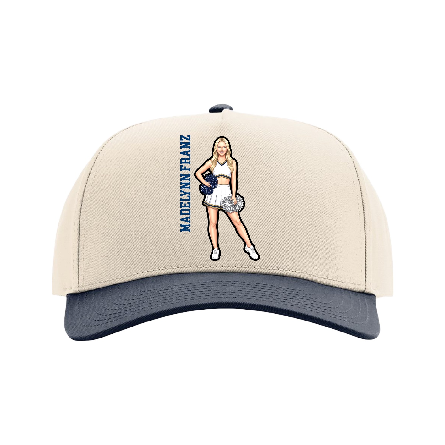 Full Fabric Five-Panel Champ Cap — Name Vertical in Cream/Navy