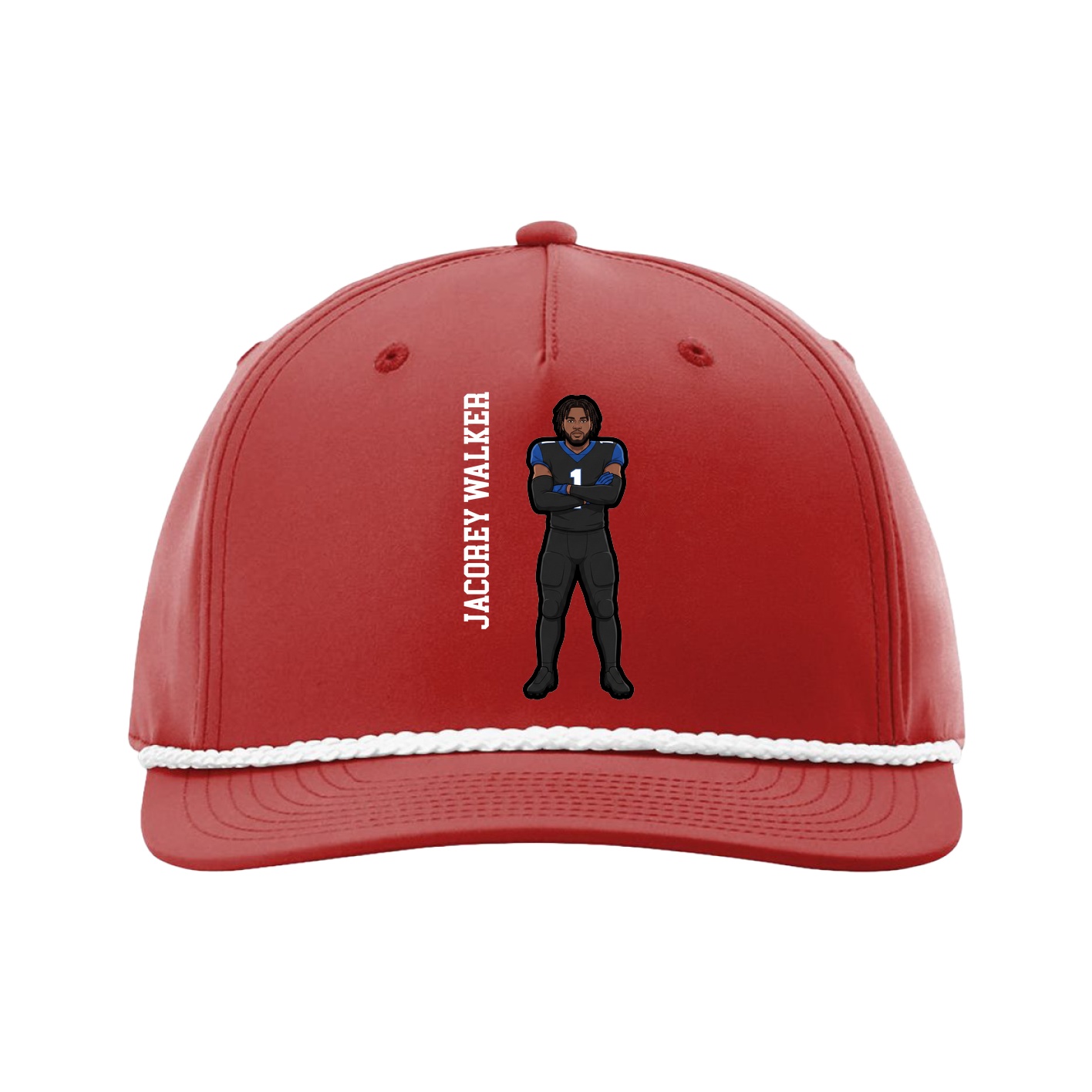 Five-Panel Classic Rope Cap — Name Vertical in Red