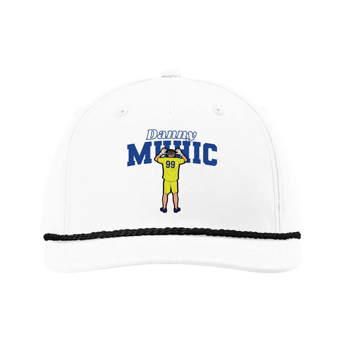 Five-Panel Classic Rope Cap — Name Arch in White