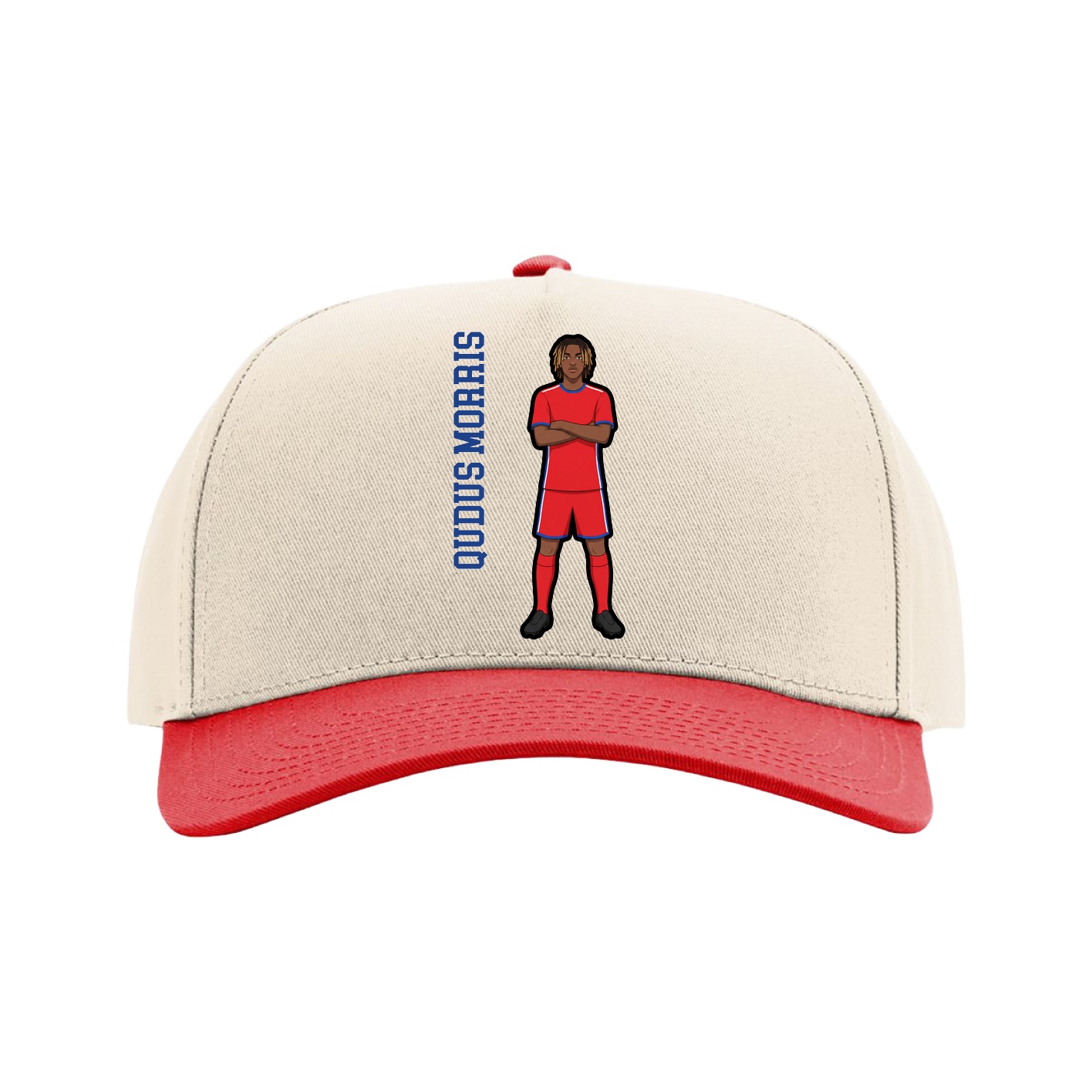 Full Fabric Five-Panel Champ Cap — Name Vertical in Cream/Red