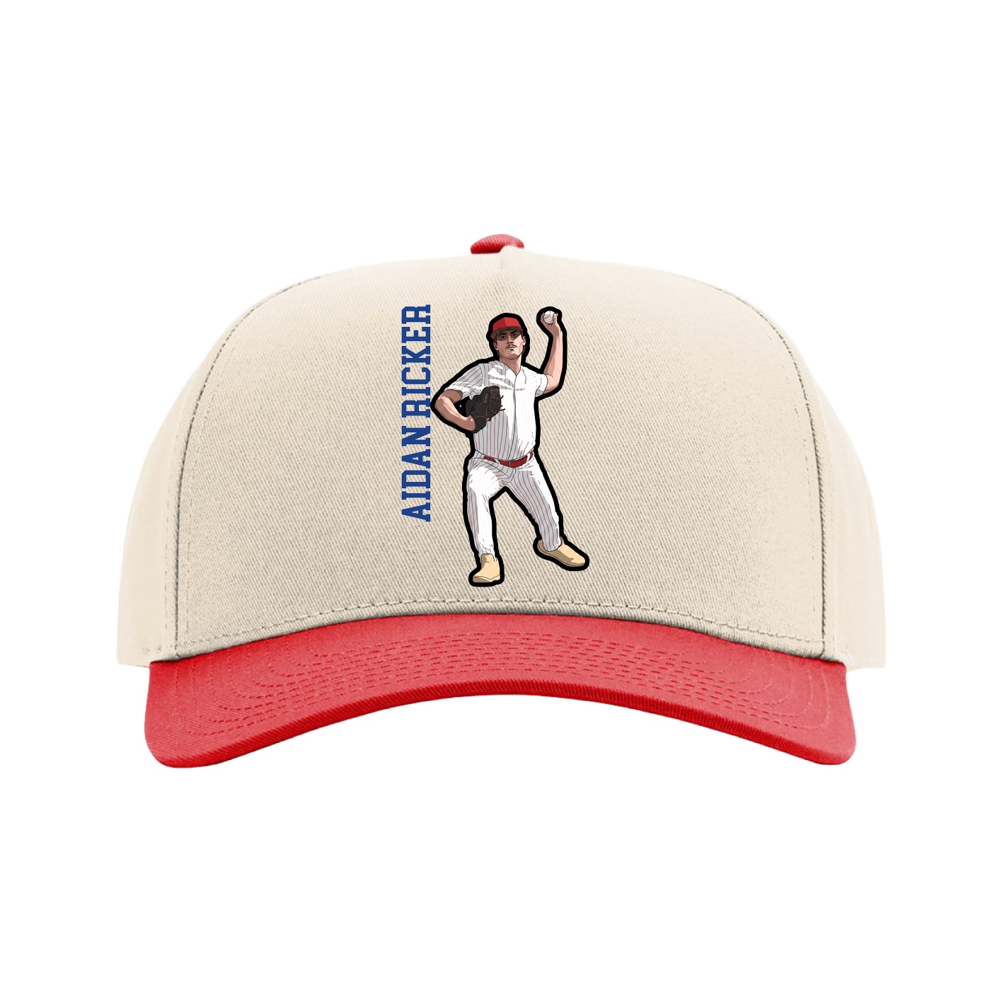 Full Fabric Five-Panel Champ Cap — Name Vertical in Cream/Red