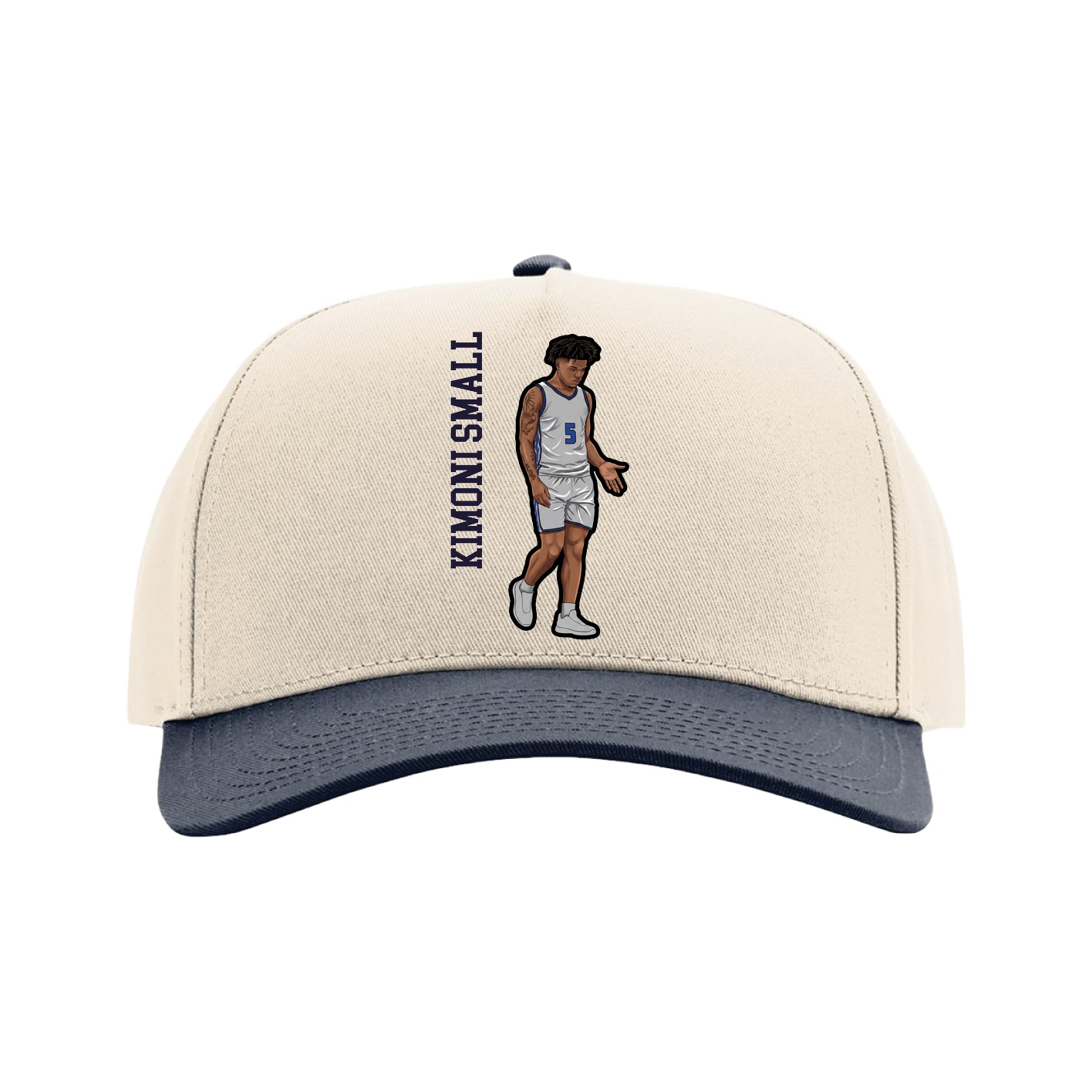 Full Fabric Five-Panel Champ Cap — Name Vertical in Cream/Navy