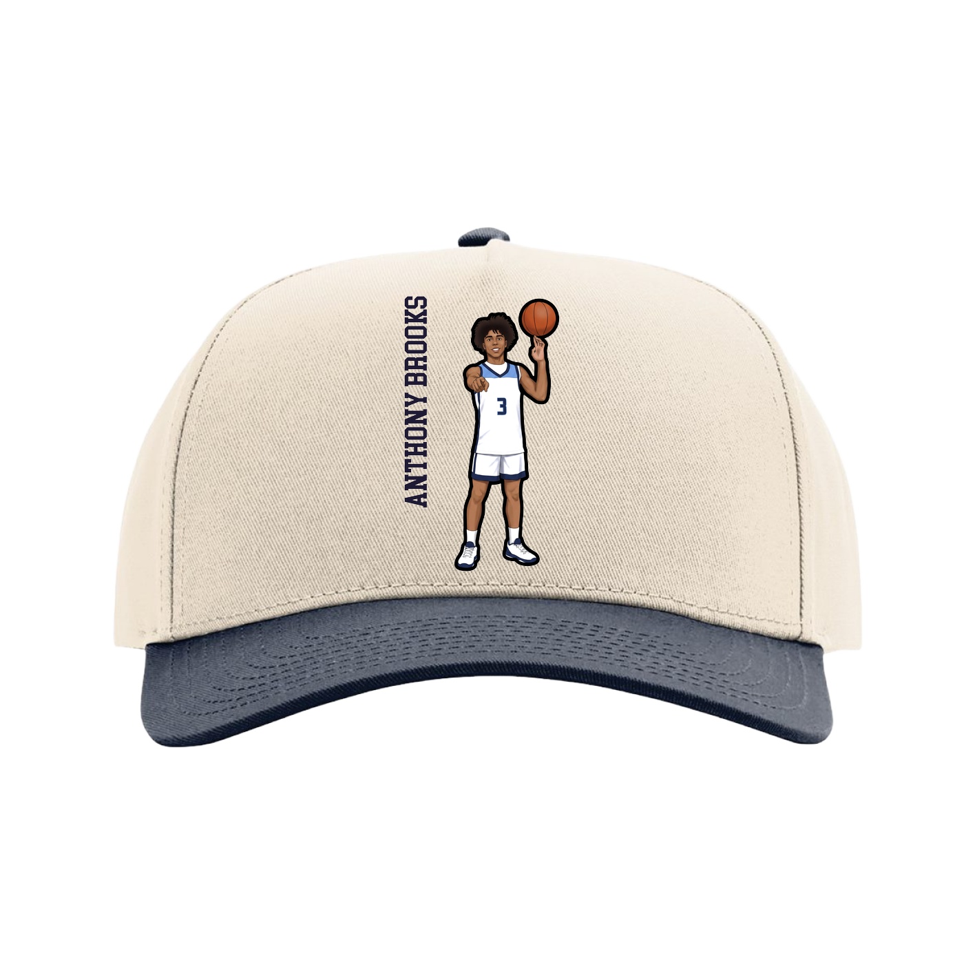 Full Fabric Five-Panel Champ Cap — Name Vertical in Cream/Navy