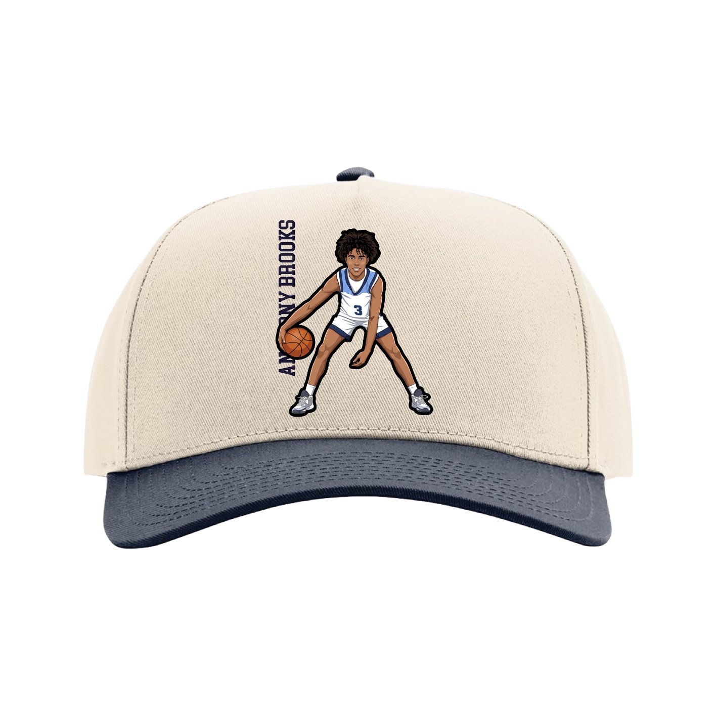 Full Fabric Five-Panel Champ Cap — Name Vertical in Cream/Navy