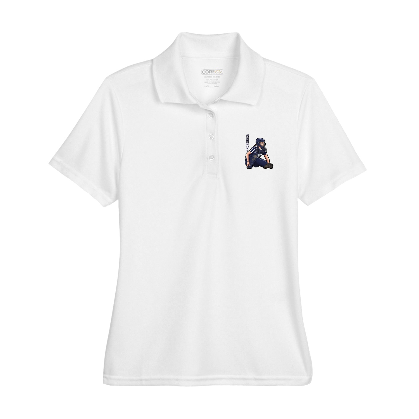 Womens Performance Polo — Name Vertical in White