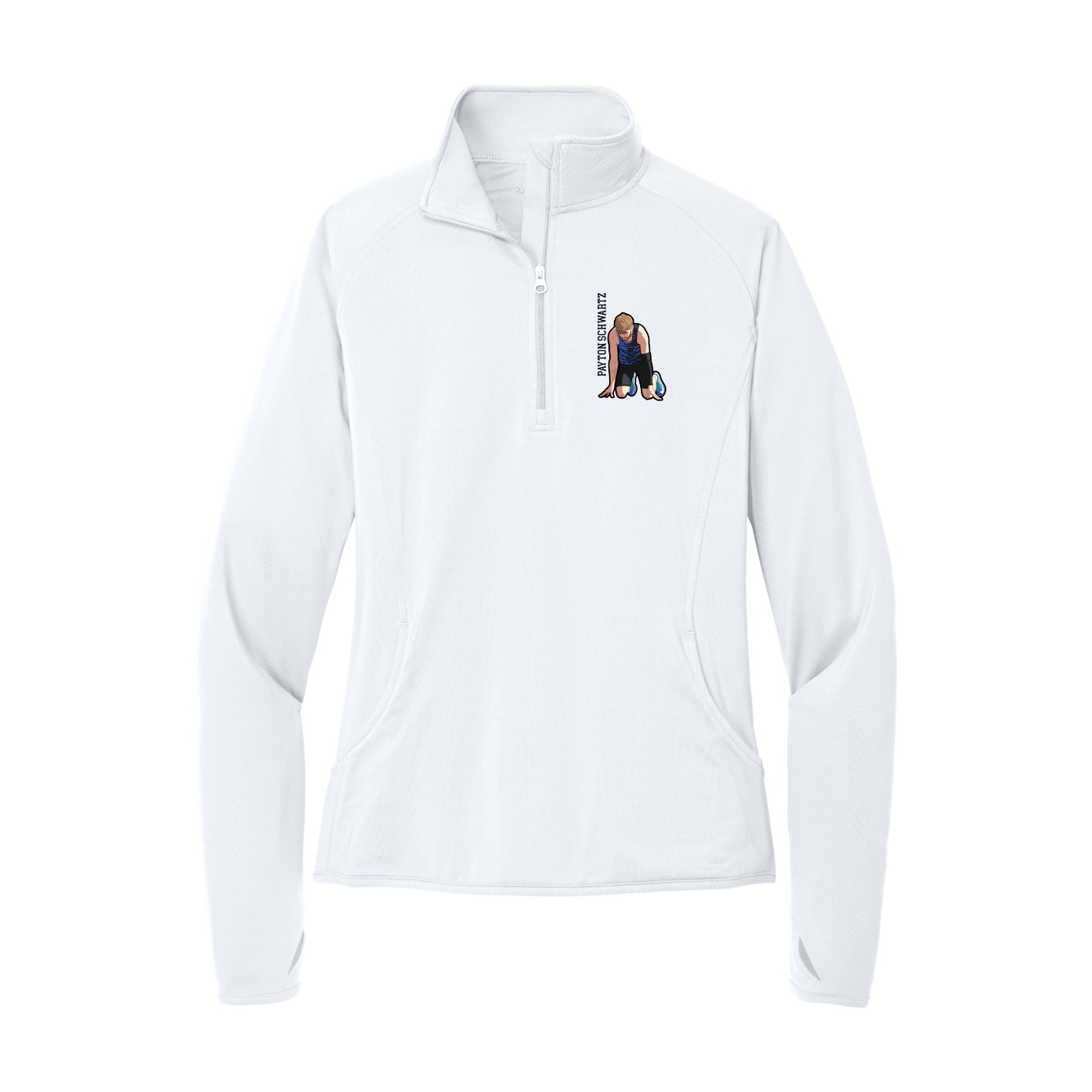 Women's Q-Zip Pullover — Name Vertical in White