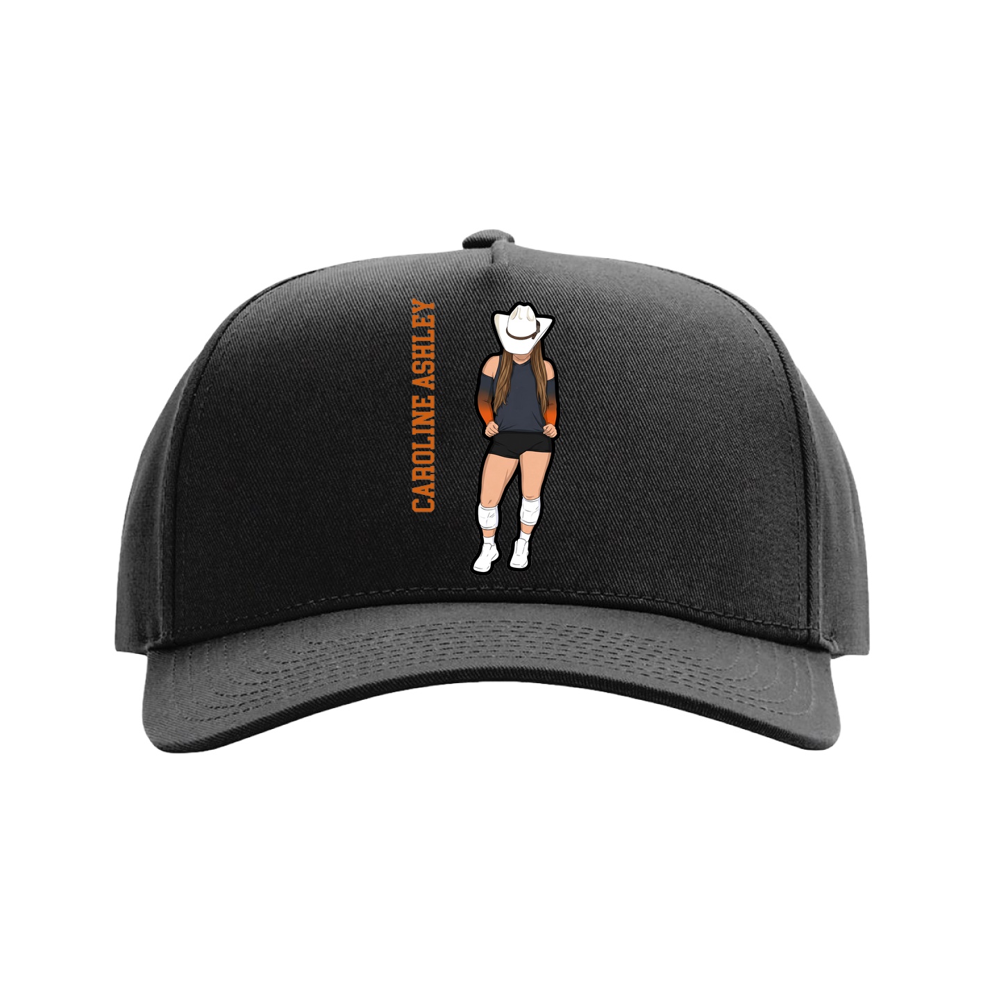 Full Fabric Five-Panel Champ Cap — Name Vertical in Black