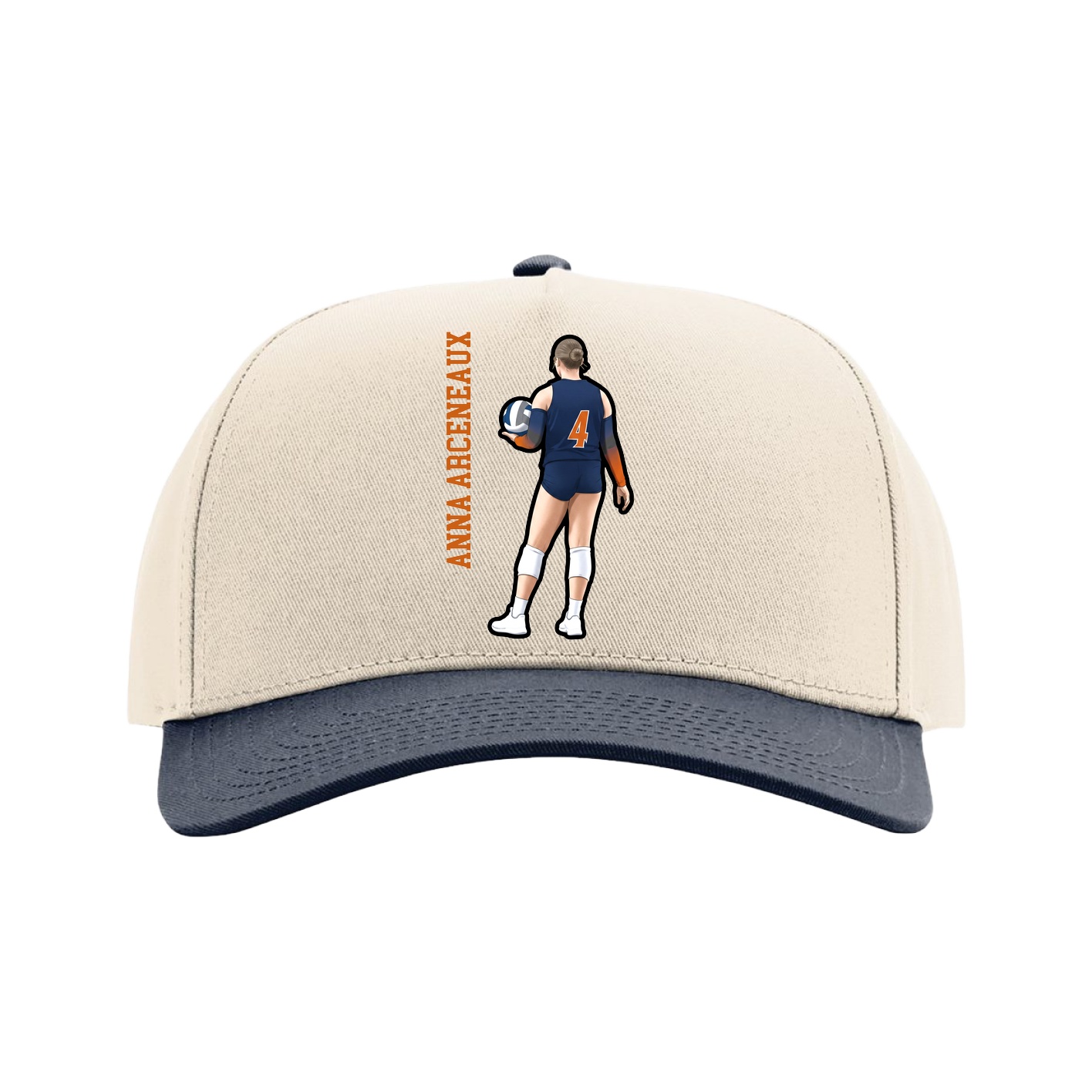 Full Fabric Five-Panel Champ Cap — Name Vertical in Cream/Navy