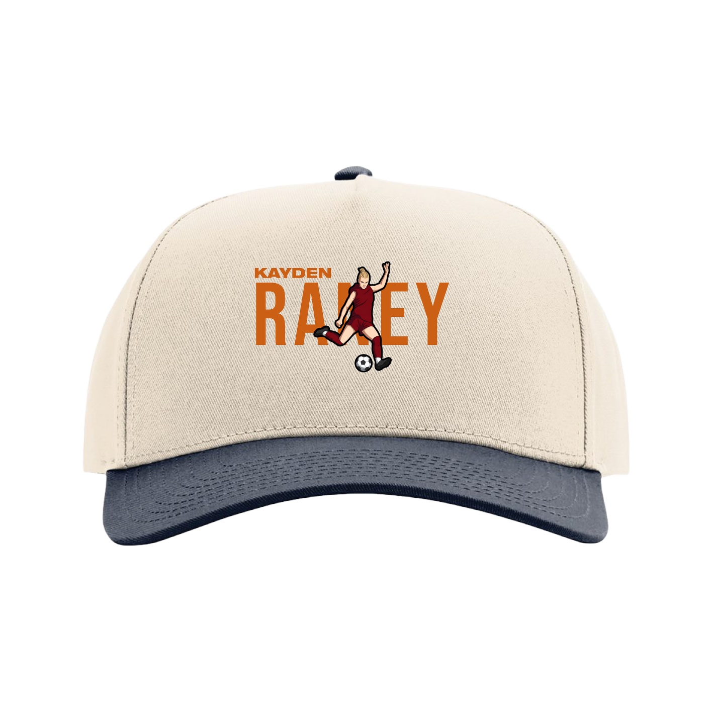 Full Fabric Five-Panel Champ Cap — Player Name in Cream/Navy