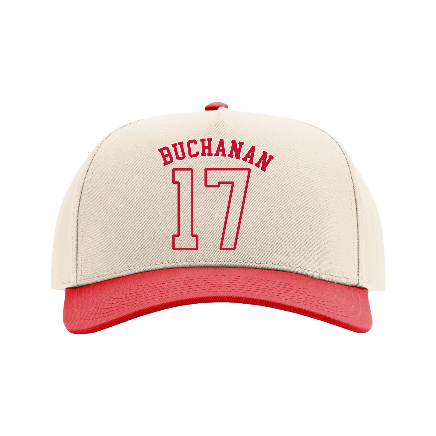 Full Fabric Five-Panel Champ Cap — Shirsey Arch in Cream/Red