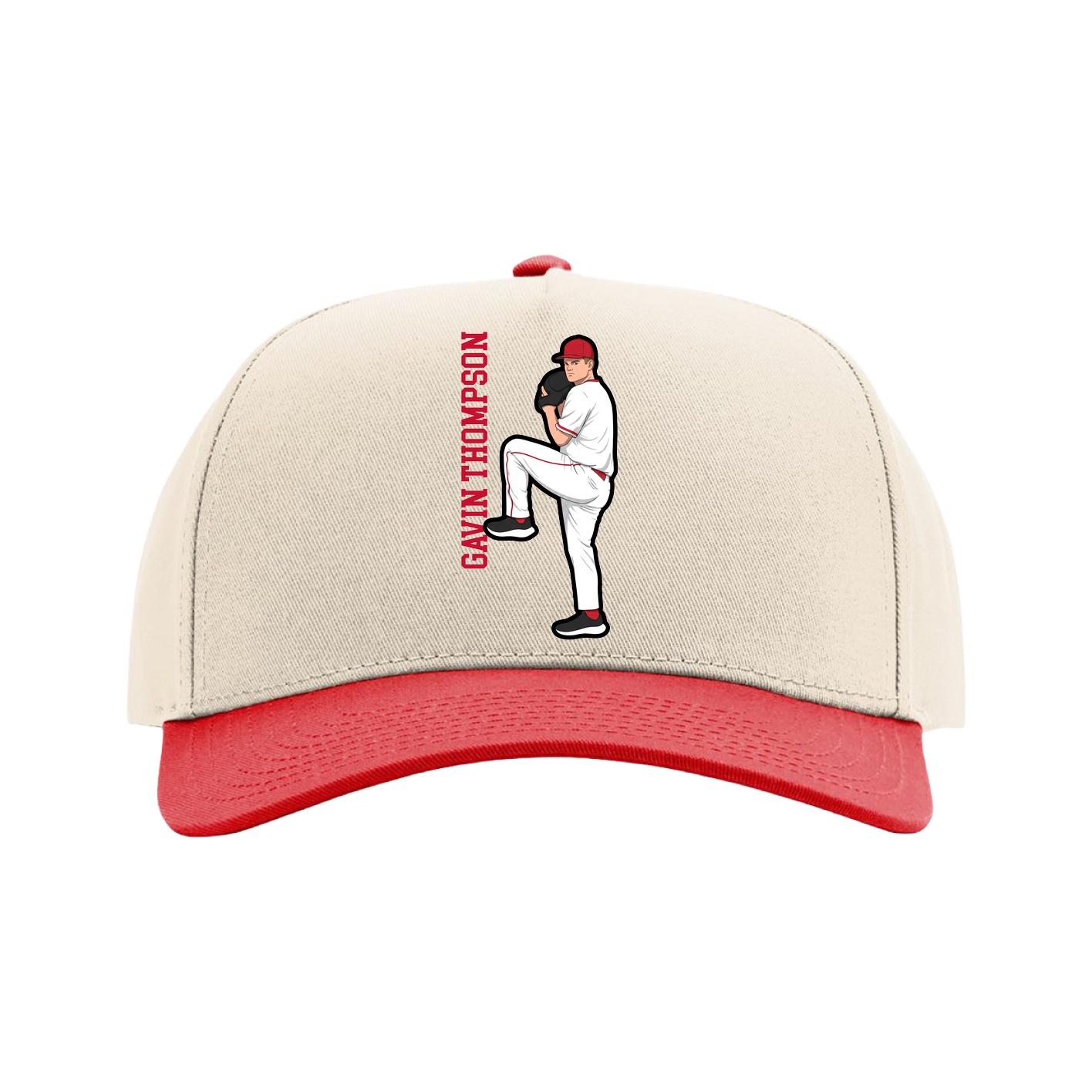 Full Fabric Five-Panel Champ Cap — Name Vertical in Cream/Red