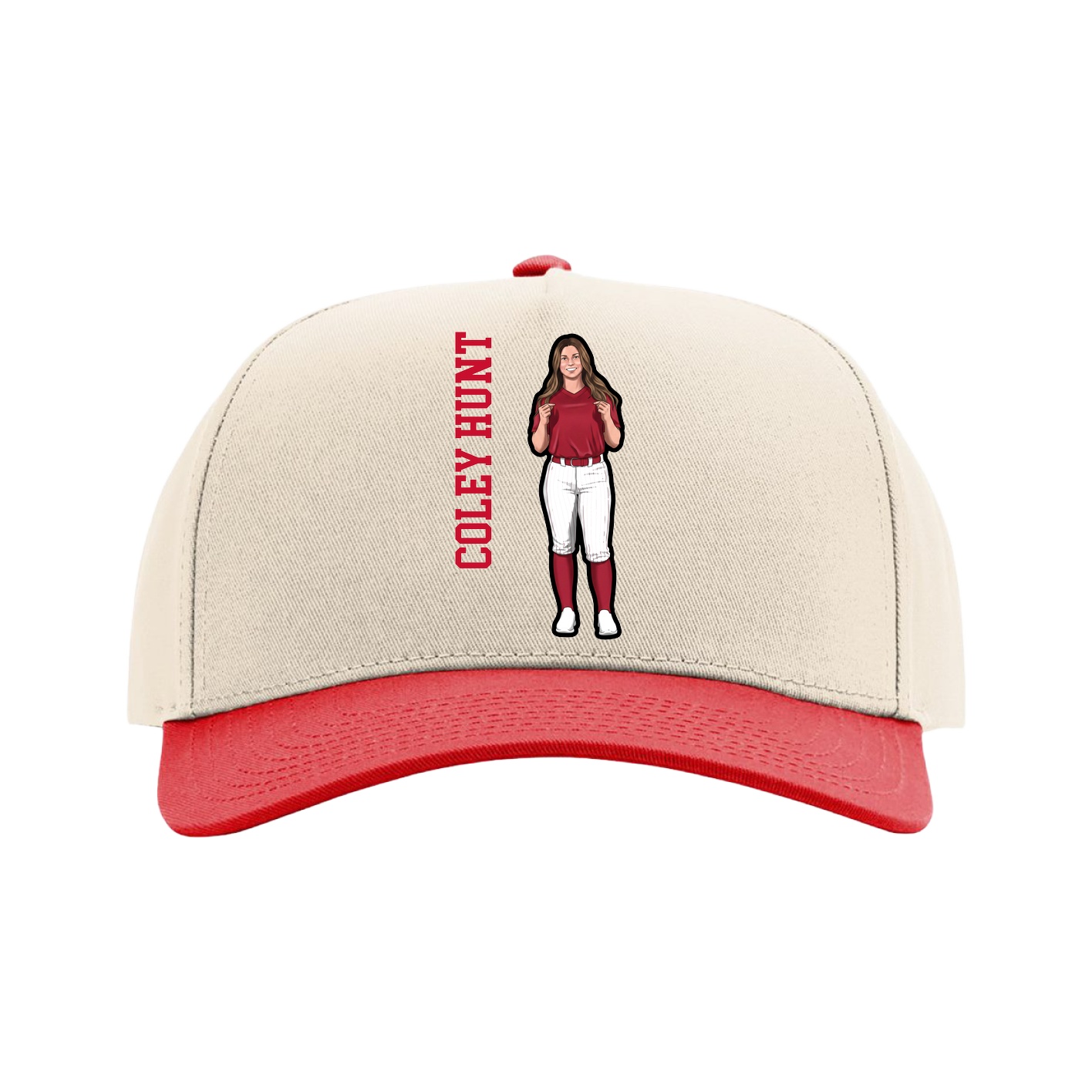 Full Fabric Five-Panel Champ Cap — Name Vertical in Cream/Red