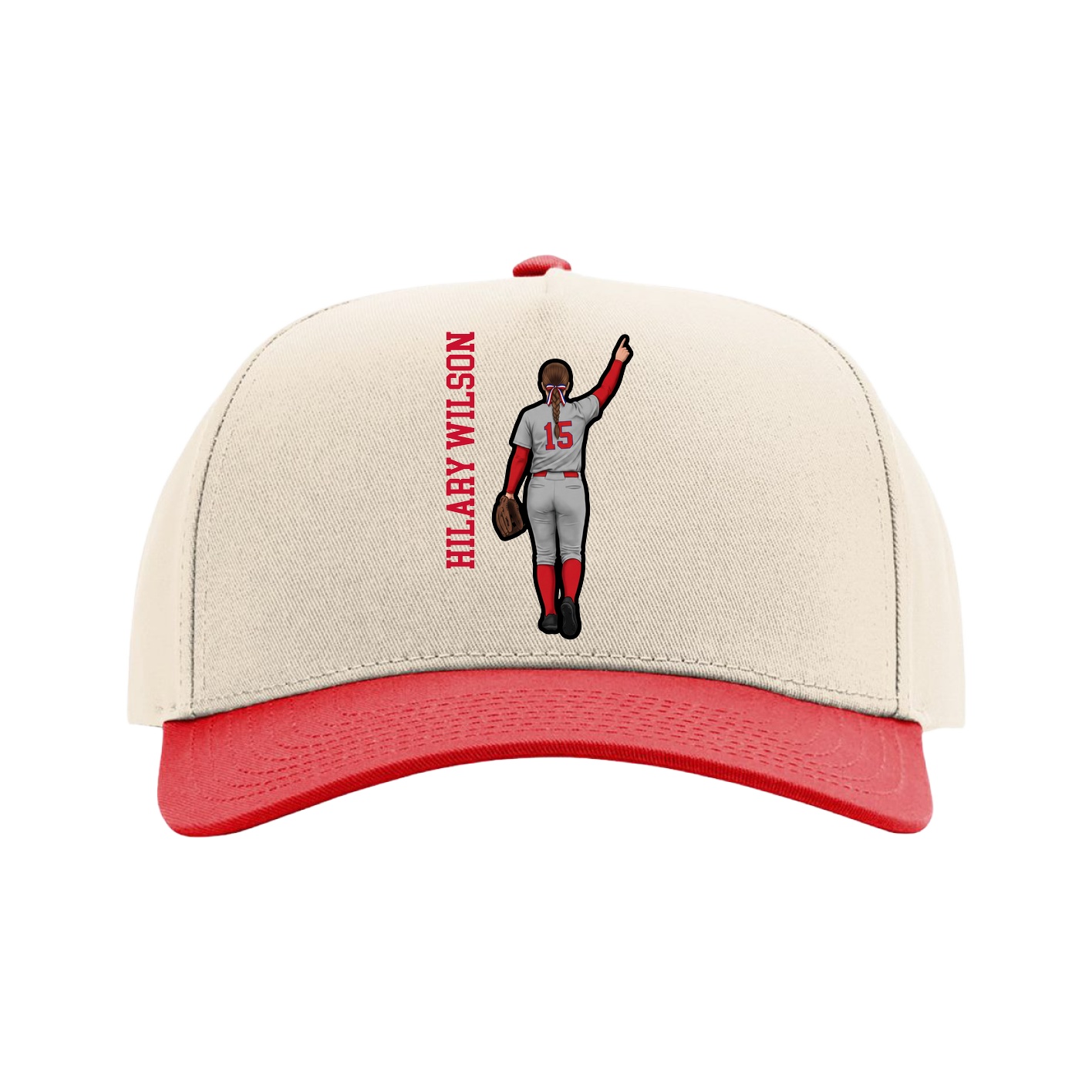 Full Fabric Five-Panel Champ Cap — Name Vertical in Cream/Red
