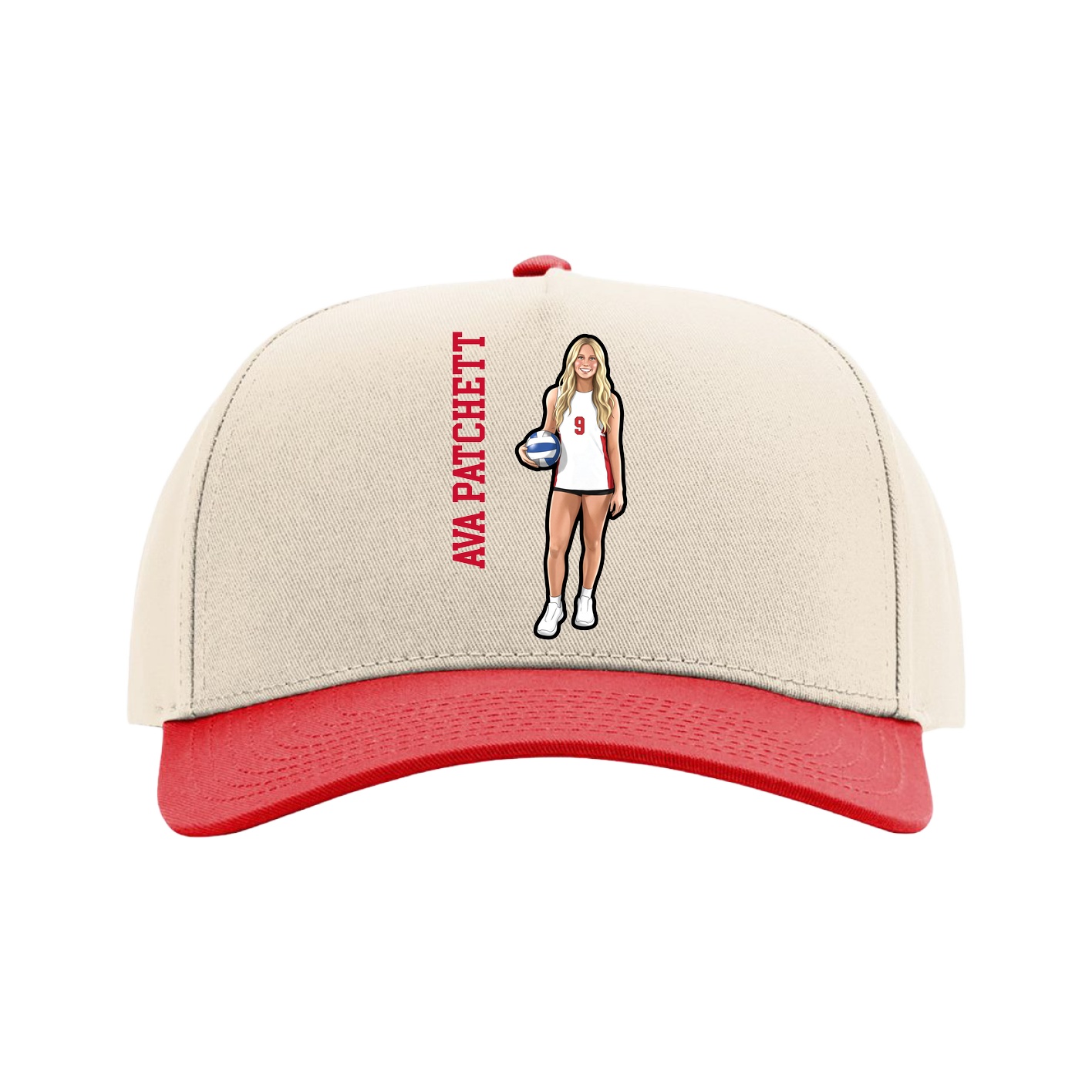 Full Fabric Five-Panel Champ Cap — Name Vertical in Cream/Red