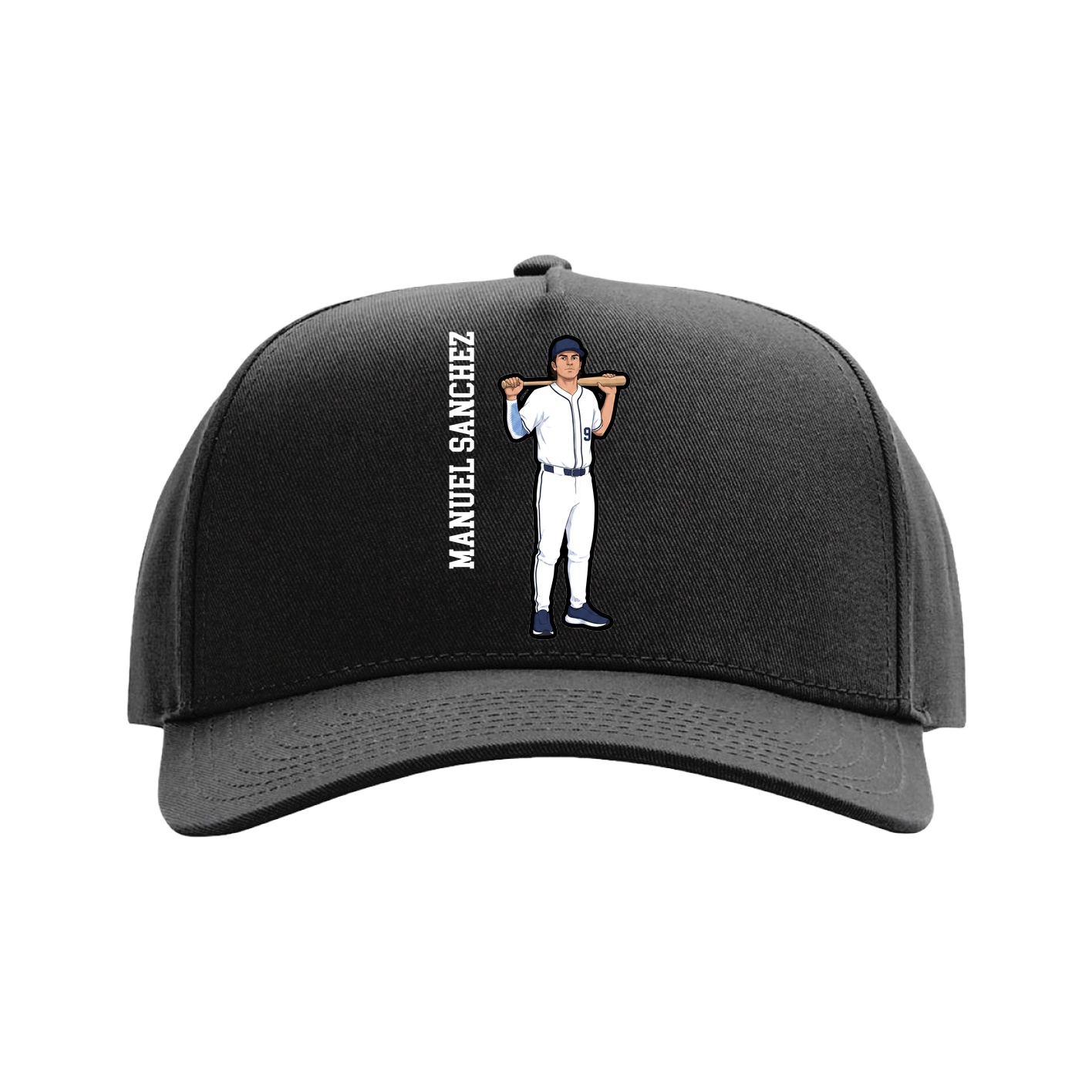Full Fabric Five-Panel Champ Cap — Name Vertical in Black