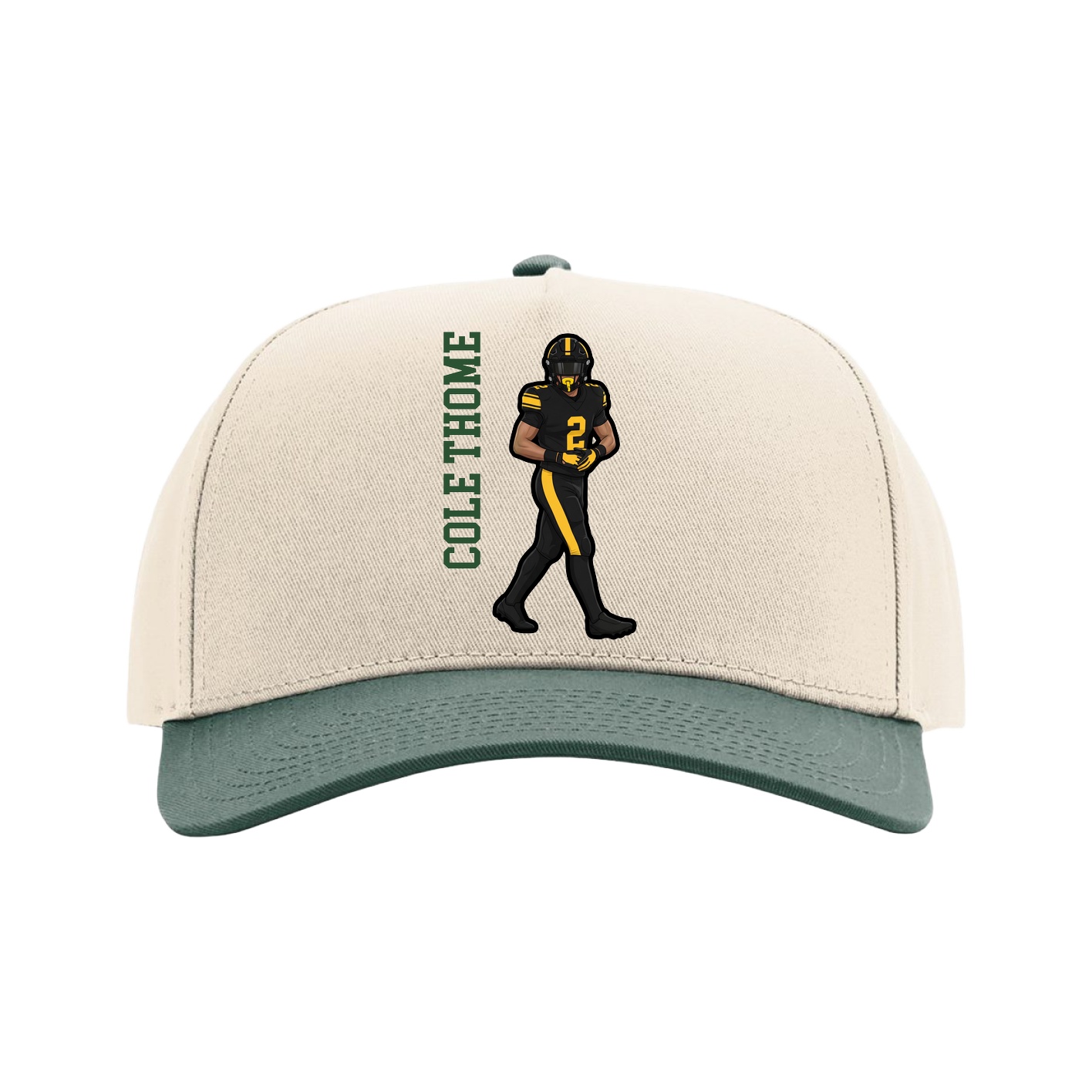 Full Fabric Five-Panel Champ Cap — Name Vertical in Cream/Green