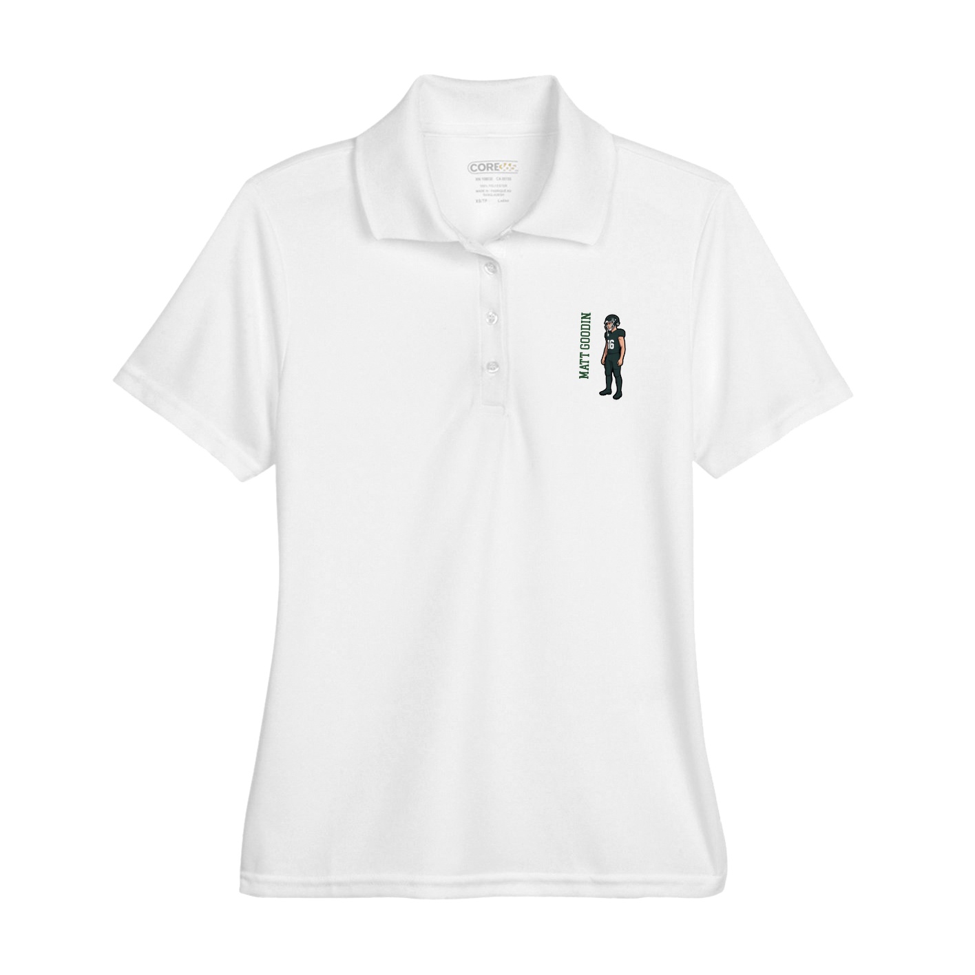 Womens Performance Polo — Name Vertical in White