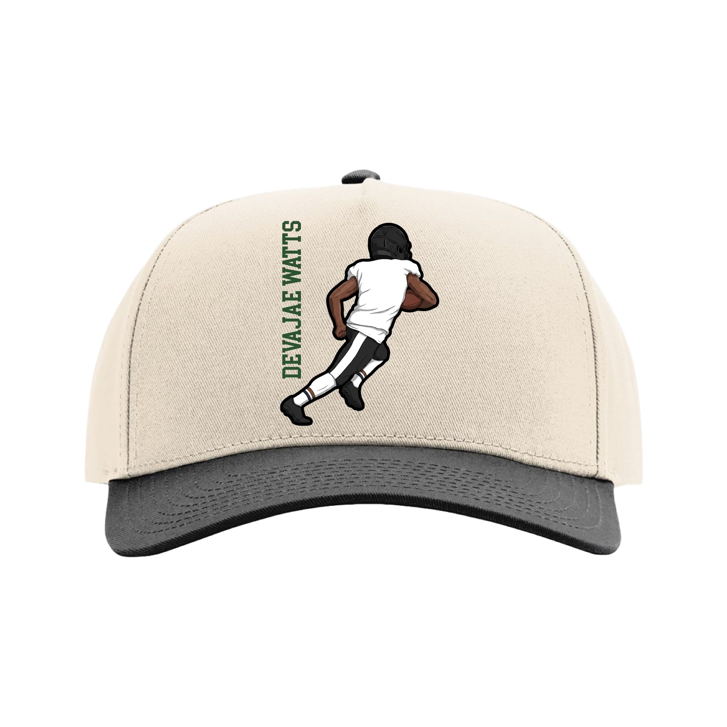Full Fabric Five-Panel Champ Cap — Name Vertical in Cream/Black