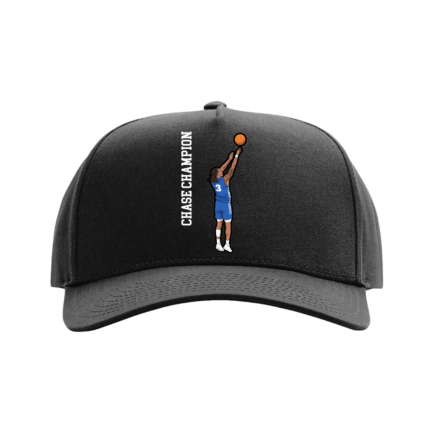 Full Fabric Five-Panel Champ Cap — Name Vertical in Black