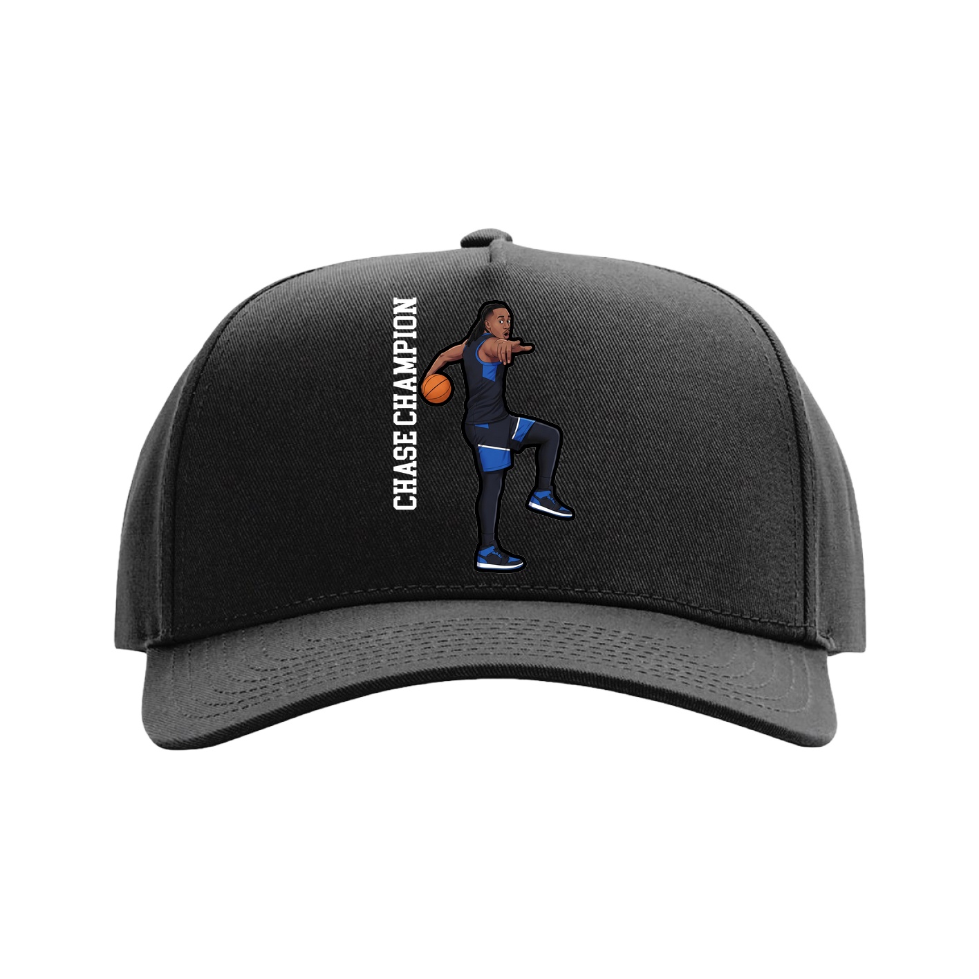 Full Fabric Five-Panel Champ Cap — Name Vertical in Black
