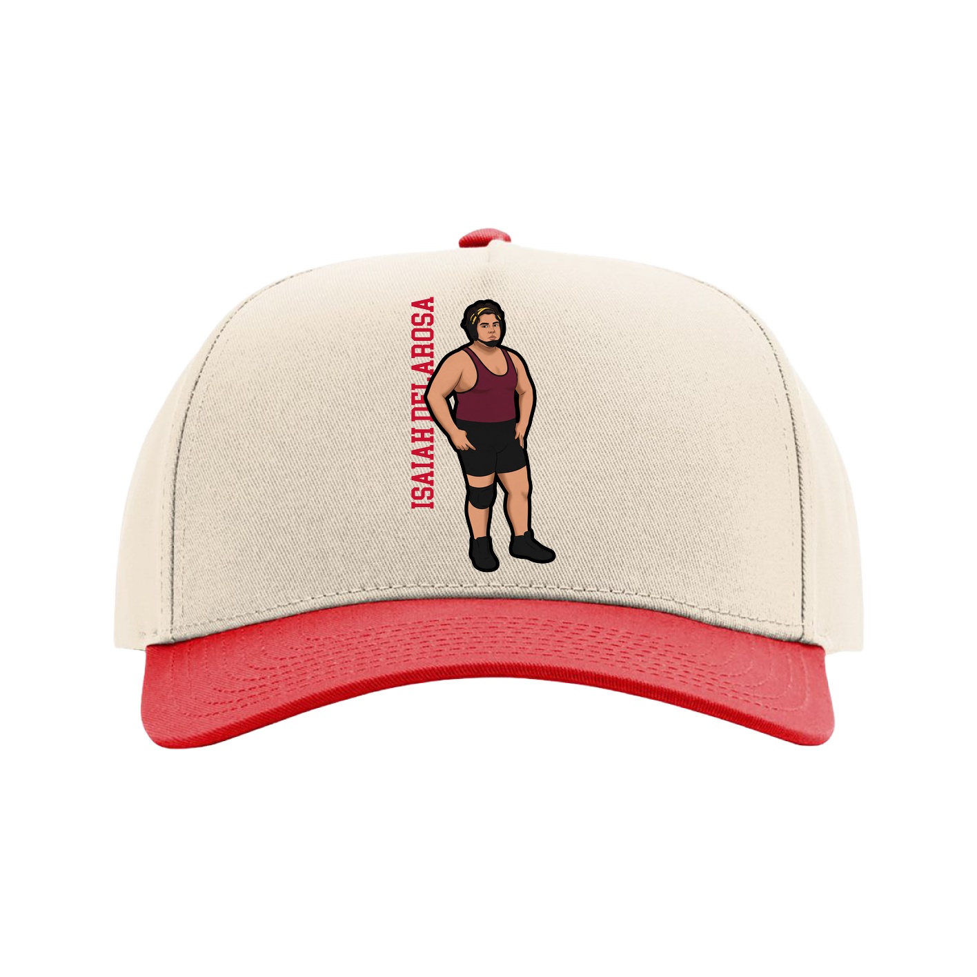 Full Fabric Five-Panel Champ Cap — Name Vertical in Cream/Red