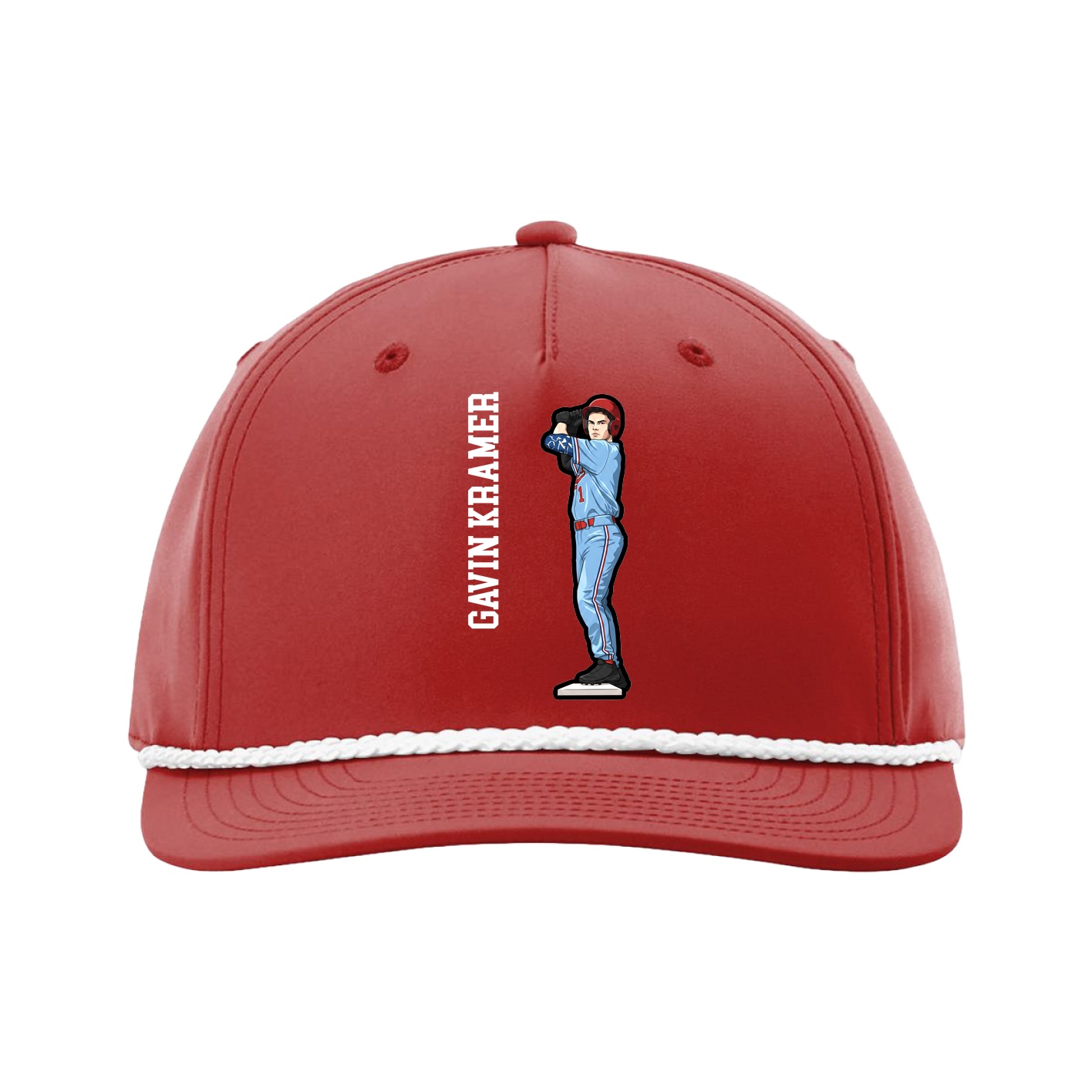 Five-Panel Classic Rope Cap — Name Vertical in Red
