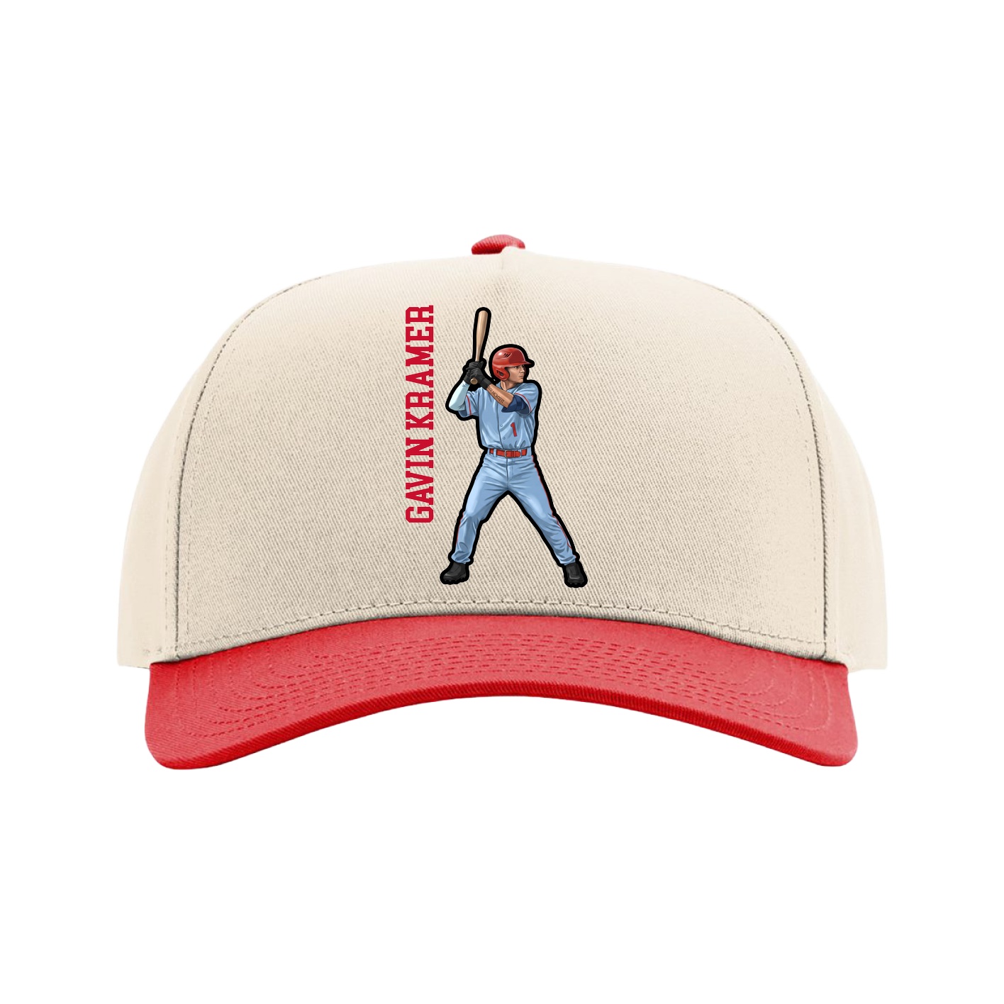 Full Fabric Five-Panel Champ Cap — Name Vertical in Cream/Red