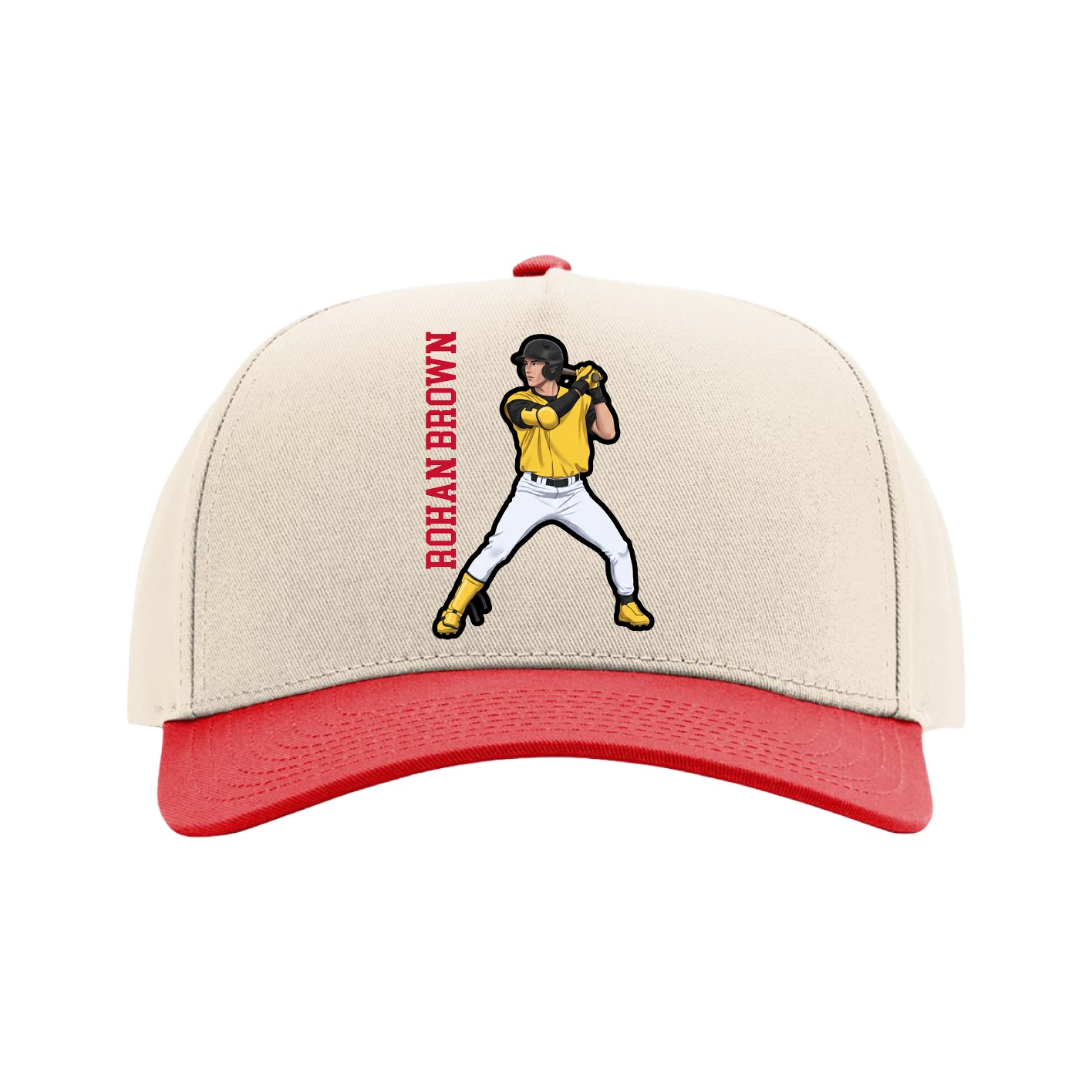 Full Fabric Five-Panel Champ Cap — Name Vertical in Cream/Red