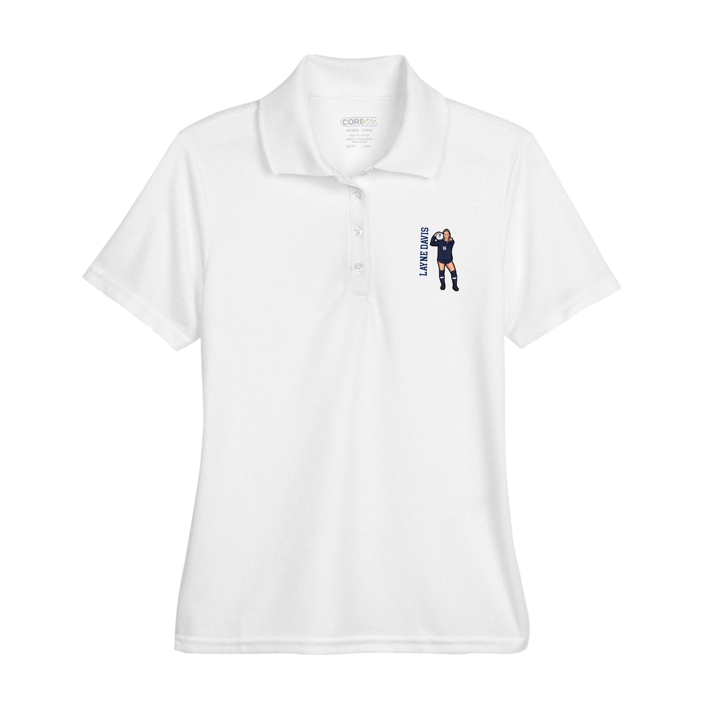 Womens Performance Polo — Name Vertical in White