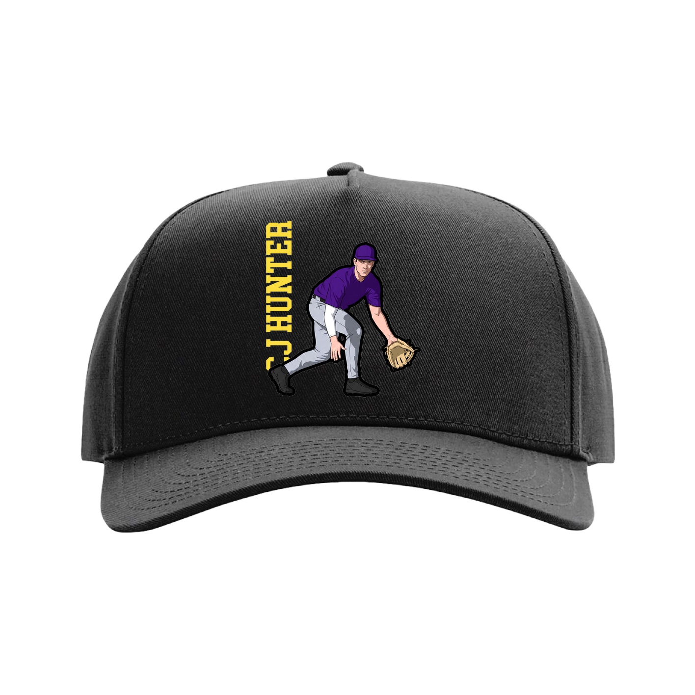 Full Fabric Five-Panel Champ Cap — Name Vertical in Black