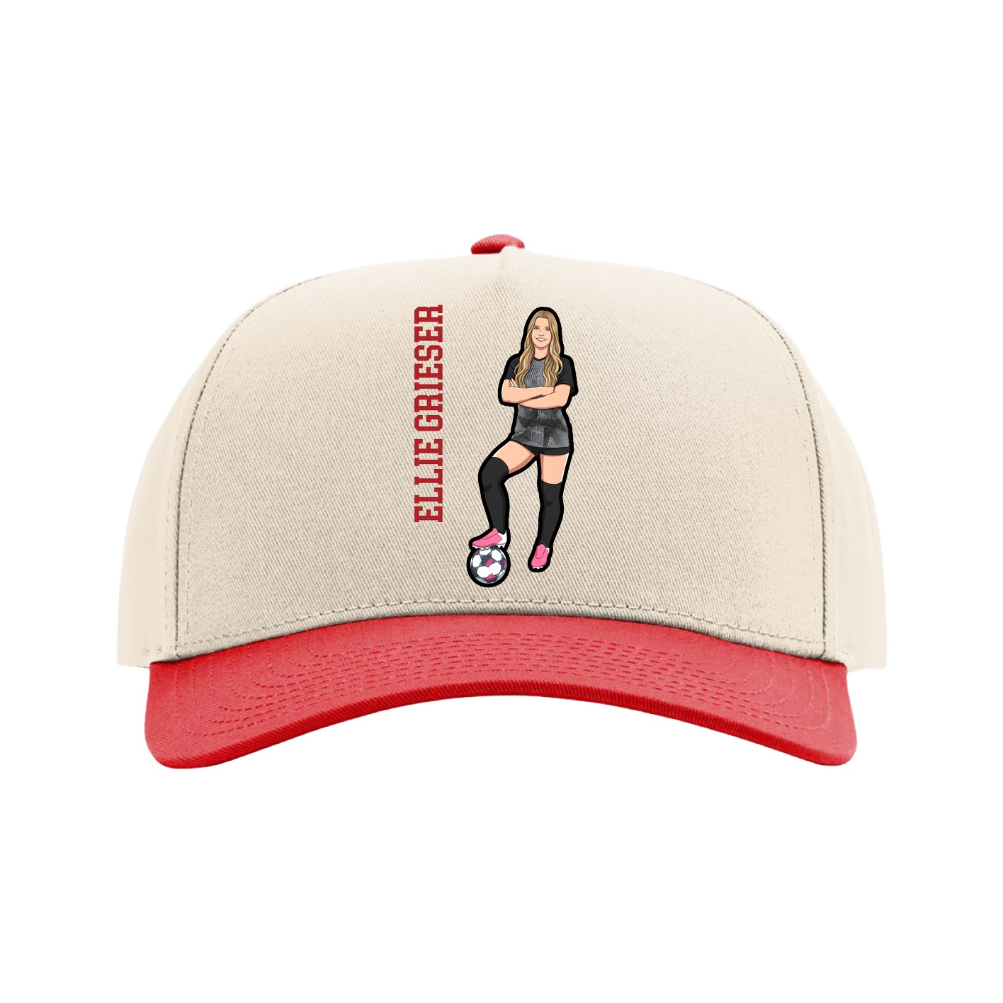 Full Fabric Five-Panel Champ Cap — Name Vertical in Cream/Red