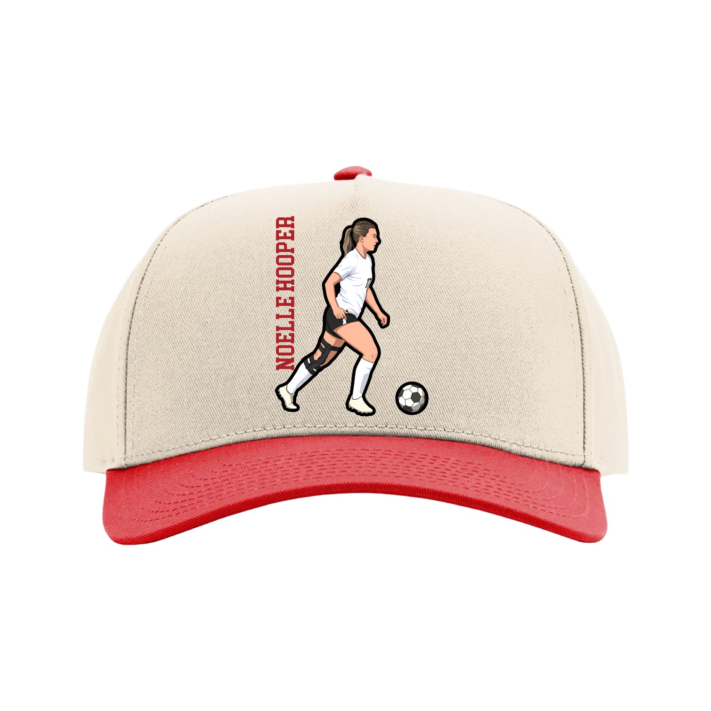 Full Fabric Five-Panel Champ Cap — Name Vertical in Cream/Red