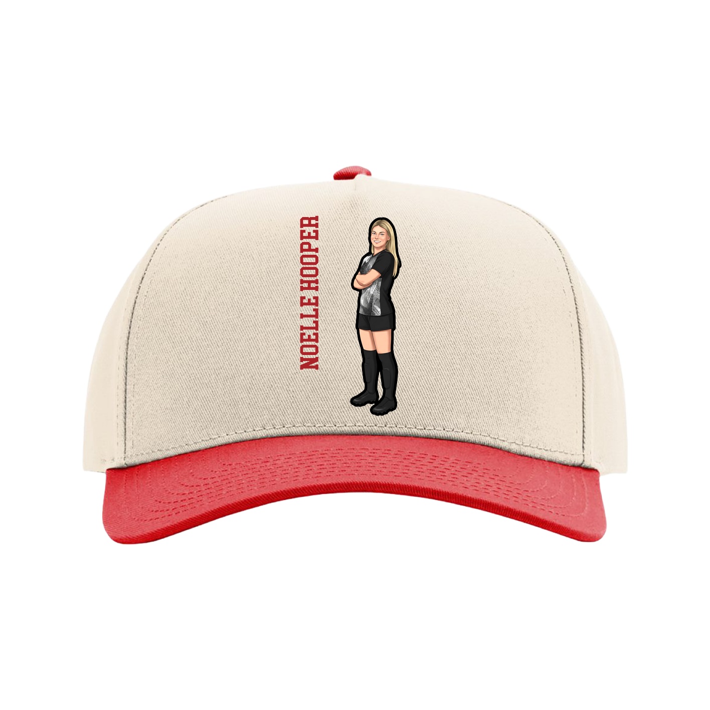Full Fabric Five-Panel Champ Cap — Name Vertical in Cream/Red